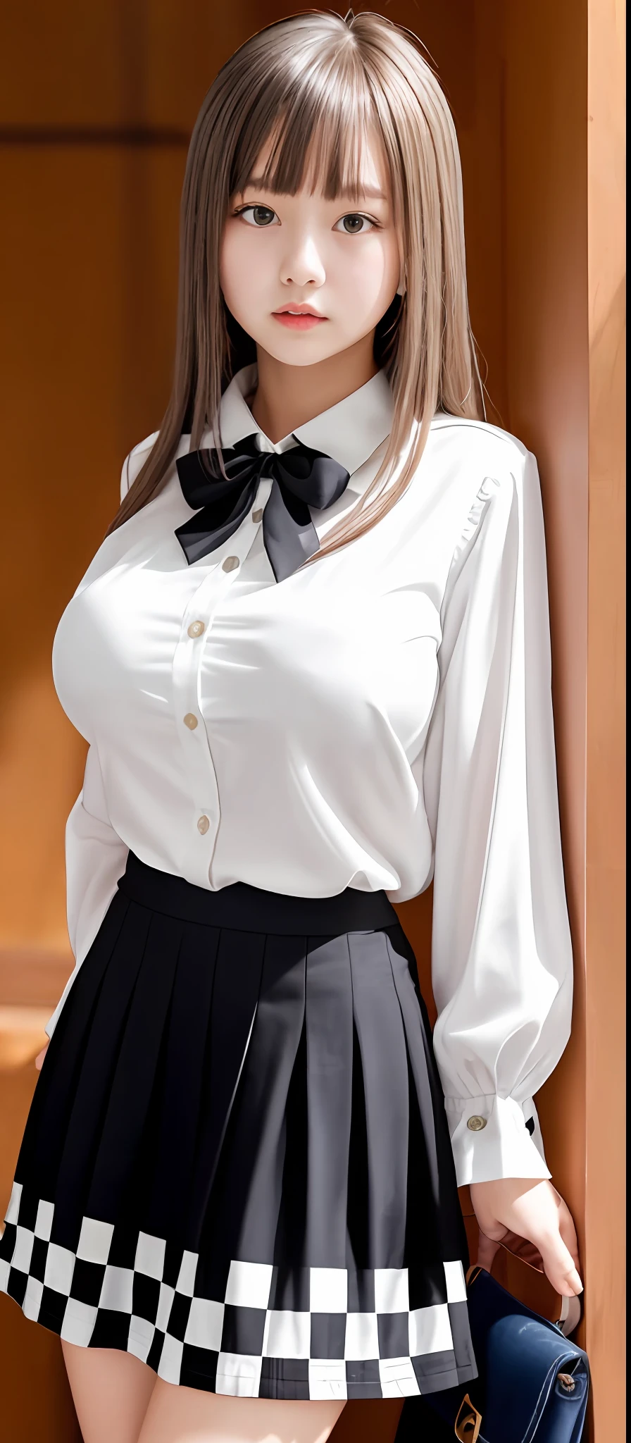 1 girl in, (Best Quality:1.1), (White blouse:1.1), (checkered skirt:1.1), student clothes, high waist skirt, (solidbackground :1.1), cowboy shot、Silver hair, length hair, , bow ribbon, thick thight、healthy、(very Bigger breasts:1.3)、