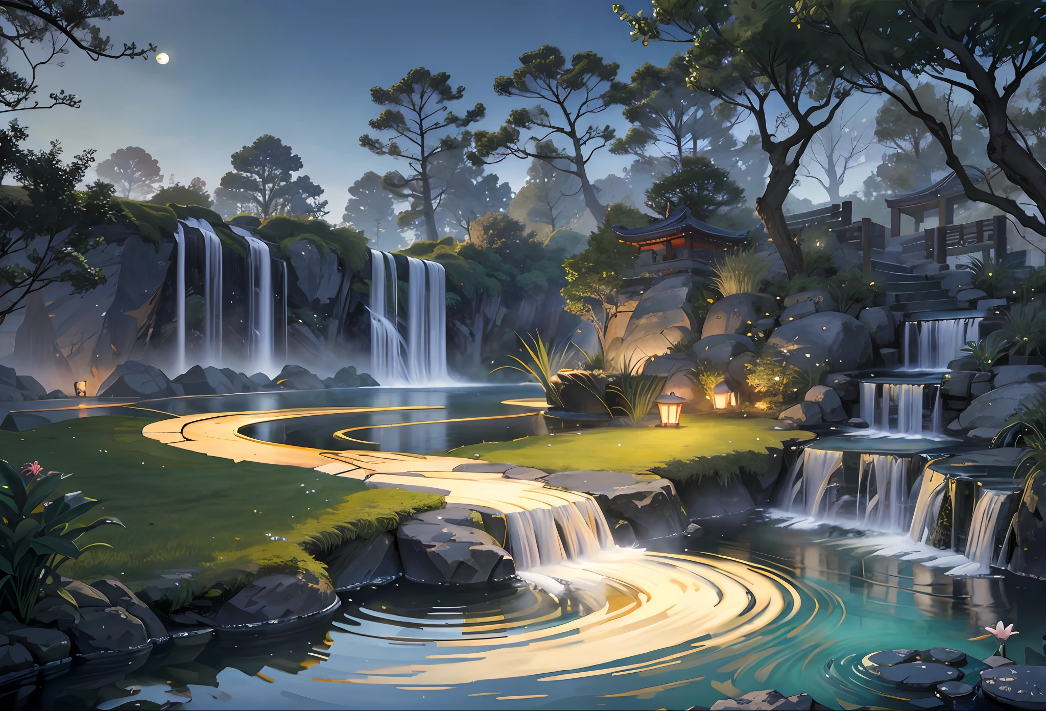 ancient Chinese architecture, moon, midnight, garden, bamboo, lake, stone bridge, rockery, arch, corner, tree, flowing water, landscape, outdoors, waterfall, meadow, rock, water lily, hot spring, water vapor, (illustration: 1.0), epic composition, realistic lighting, HD details, masterpiece, best quality, (very detailed CG unified 8k wallpaper) --v 6