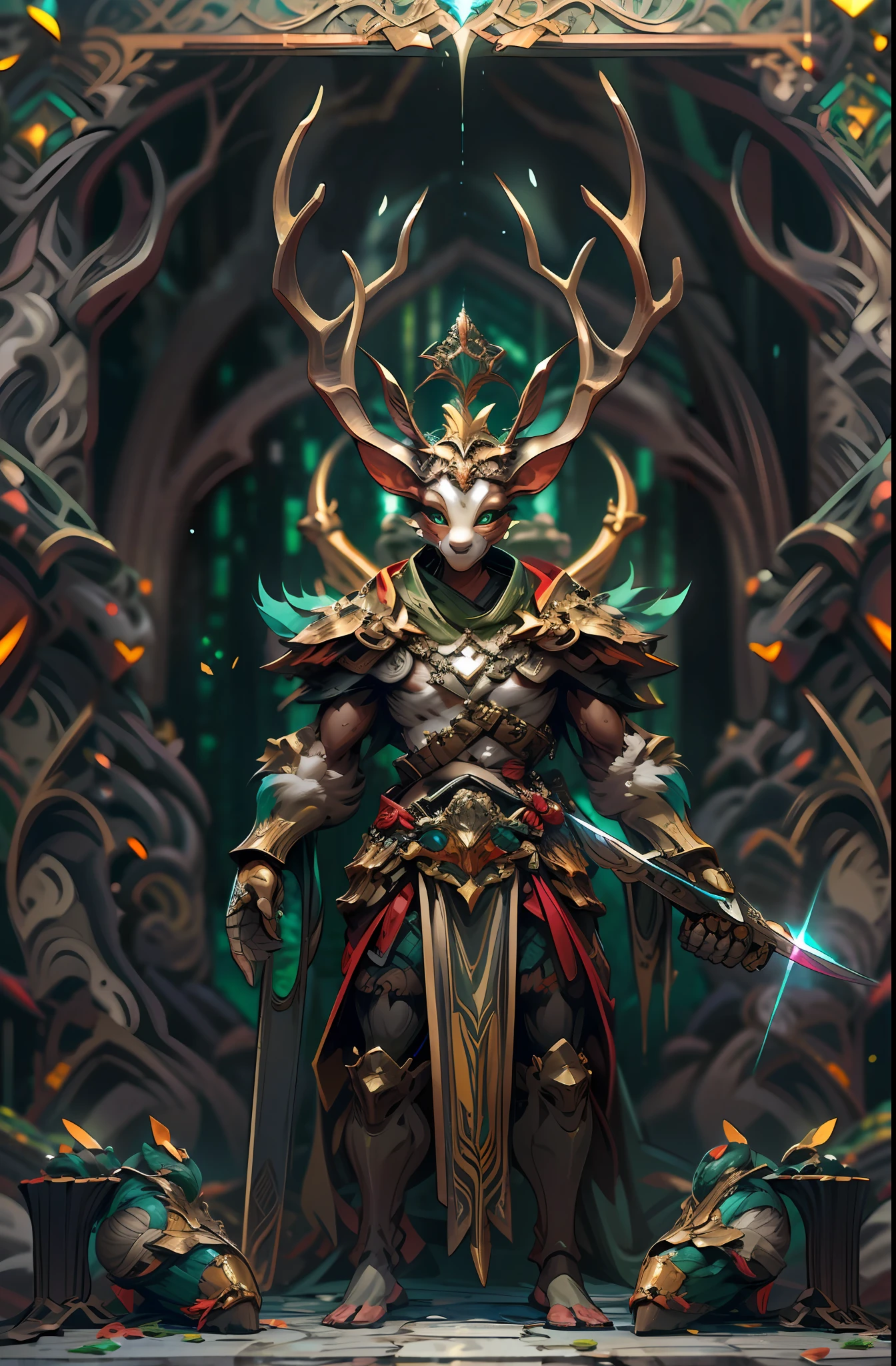 Deer warrior, Full body like,Close-up of a deer warrior holding a sword in the forest, Determined eyes,Fierce,Armour,Strong body,Wide shoulders,Ancient mythology,Divine light effects,Cupcakes,cernunnos, God of the forest, highly detailed fantasy art, Celtic antler god, redwood forest themed armor, wearing a crown made of antlers, detailed fantasy art, an anthropomorphic deer, horned god, hyper-detailed fantasy character, anthropomorphic deer, Fantasy art in 4K,Full body standing painting,Fantasy setting, character concept, character art, Character portrait, Cartoon, Best quality, Best resolution, 4K, Vivid colors, Vivid, High detail, best detail, confident pose, extrovert, look from down, (High detail:1.1) ,unreal-engine,tmasterpiece,best qualtiy,Best resolution,32K