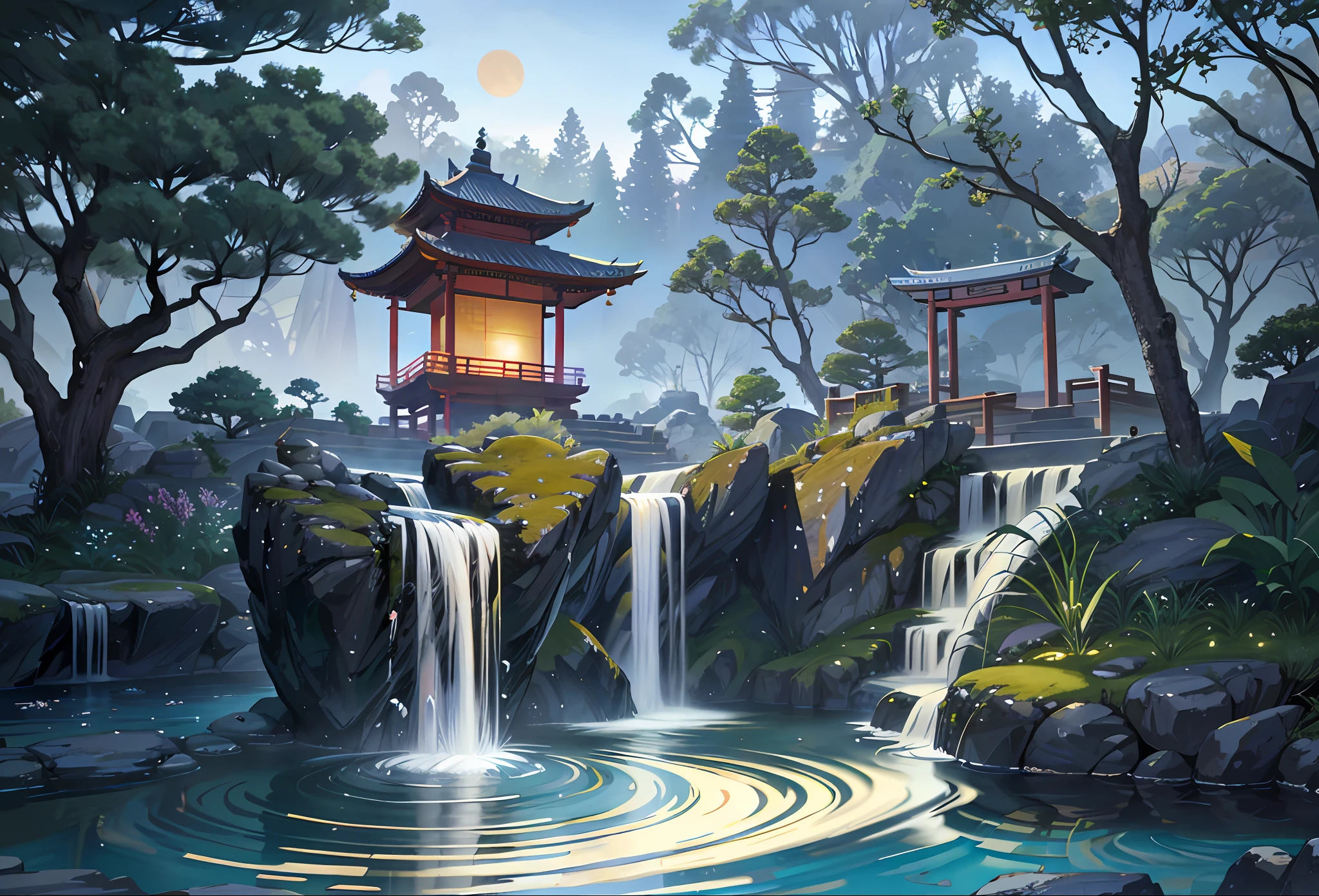 ancient Chinese architecture, moon, midnight, garden, bamboo, lake, stone bridge, rockery, arch, corner, tree, flowing water, landscape, outdoors, waterfall, meadow, rock, water lily, hot spring, water vapor, (illustration: 1.0), epic composition, realistic lighting, HD details, masterpiece, best quality, (very detailed CG unified 8k wallpaper) --v 6