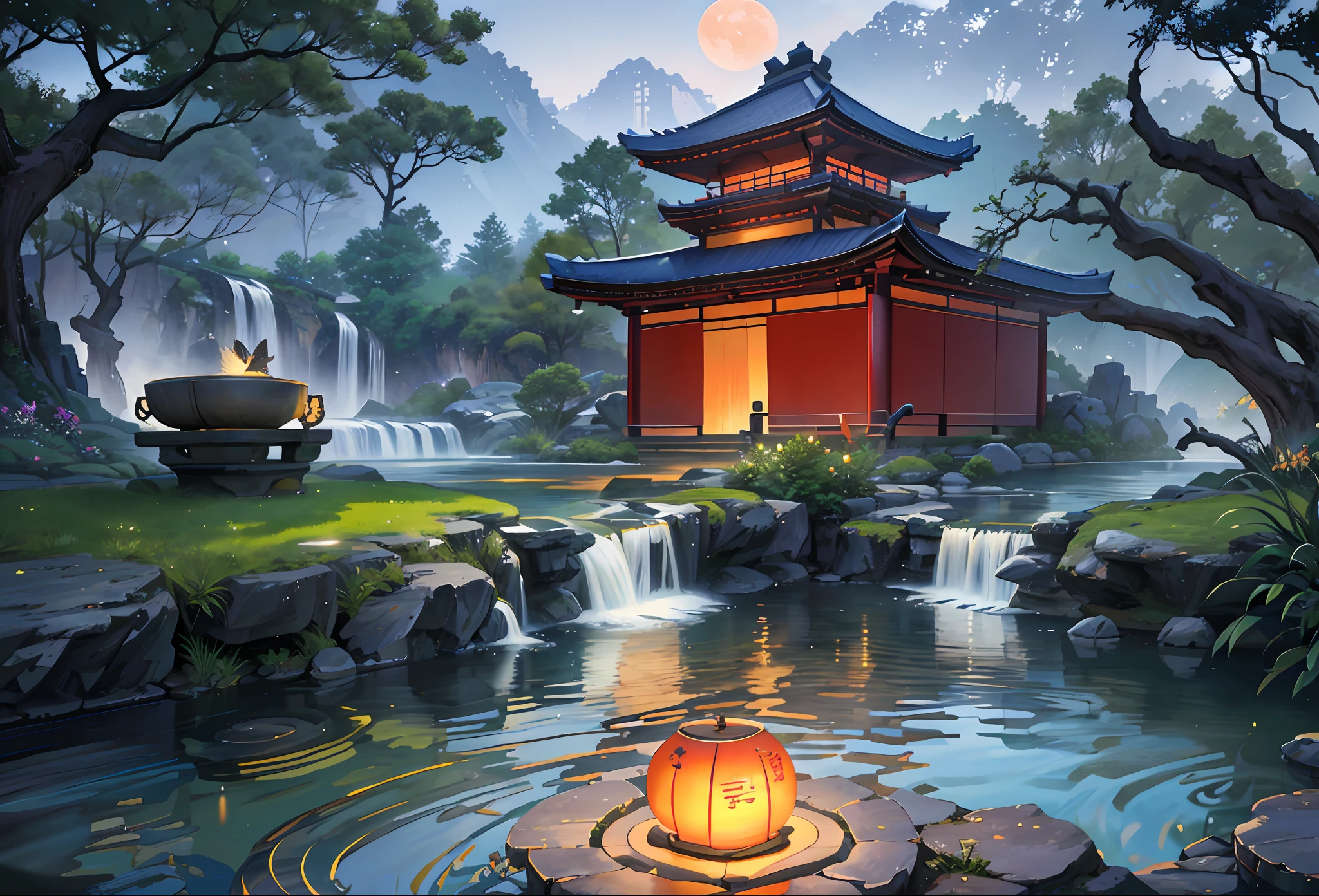 ancient Chinese architecture, moon, midnight, garden, bamboo, lake, stone bridge, rockery, arch, corner, tree, flowing water, landscape, outdoors, waterfall, meadow, rock, water lily, hot spring, water vapor, (illustration: 1.0), epic composition, realistic lighting, HD details, masterpiece, best quality, (very detailed CG unified 8k wallpaper) --v 6