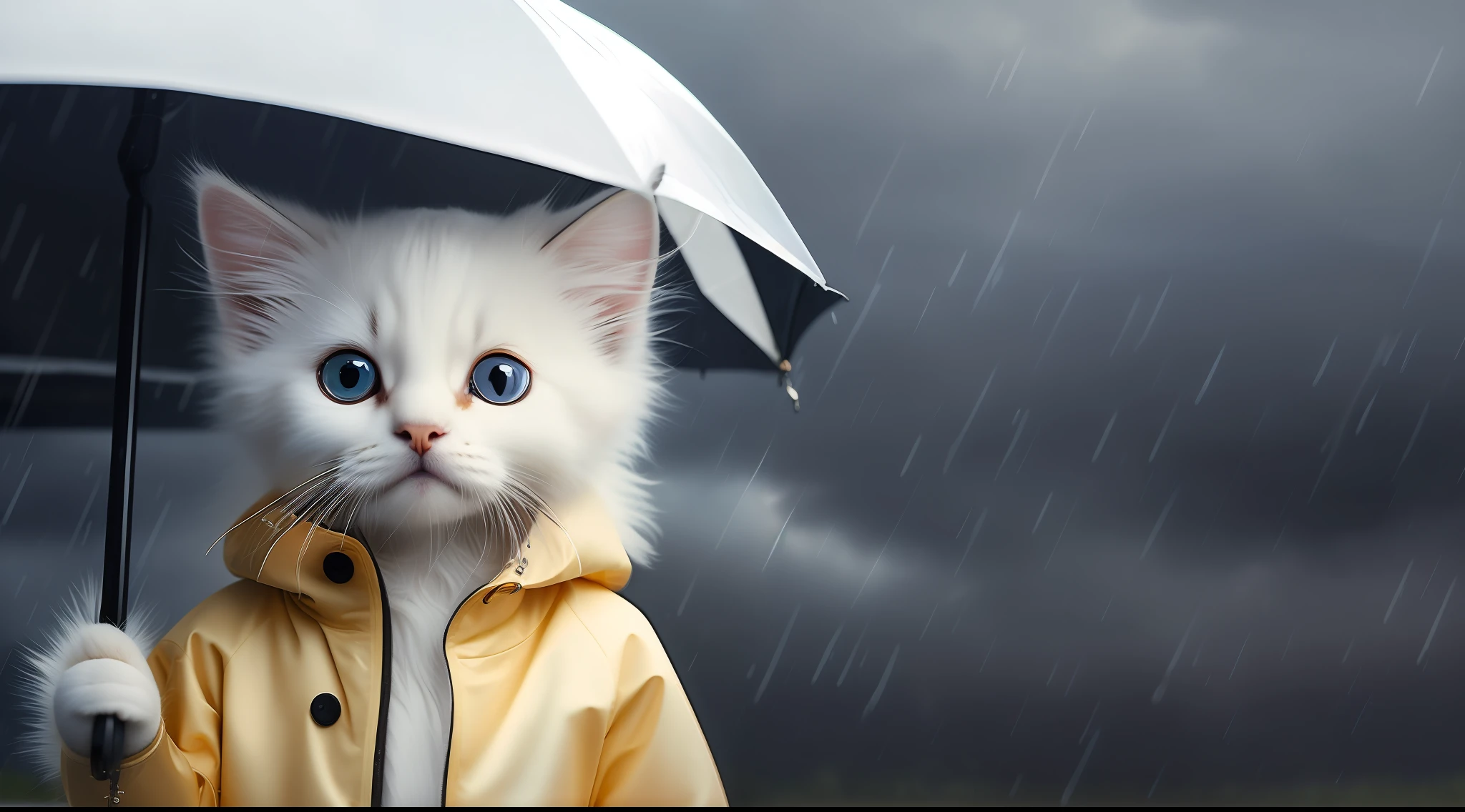 White kitten in a raincoat,Stormy weather,With cinematic lighting and ultra-realistic details,photograph of-realistic,cinematic photogtaphy,incredibily detailed,cinmatic lighting