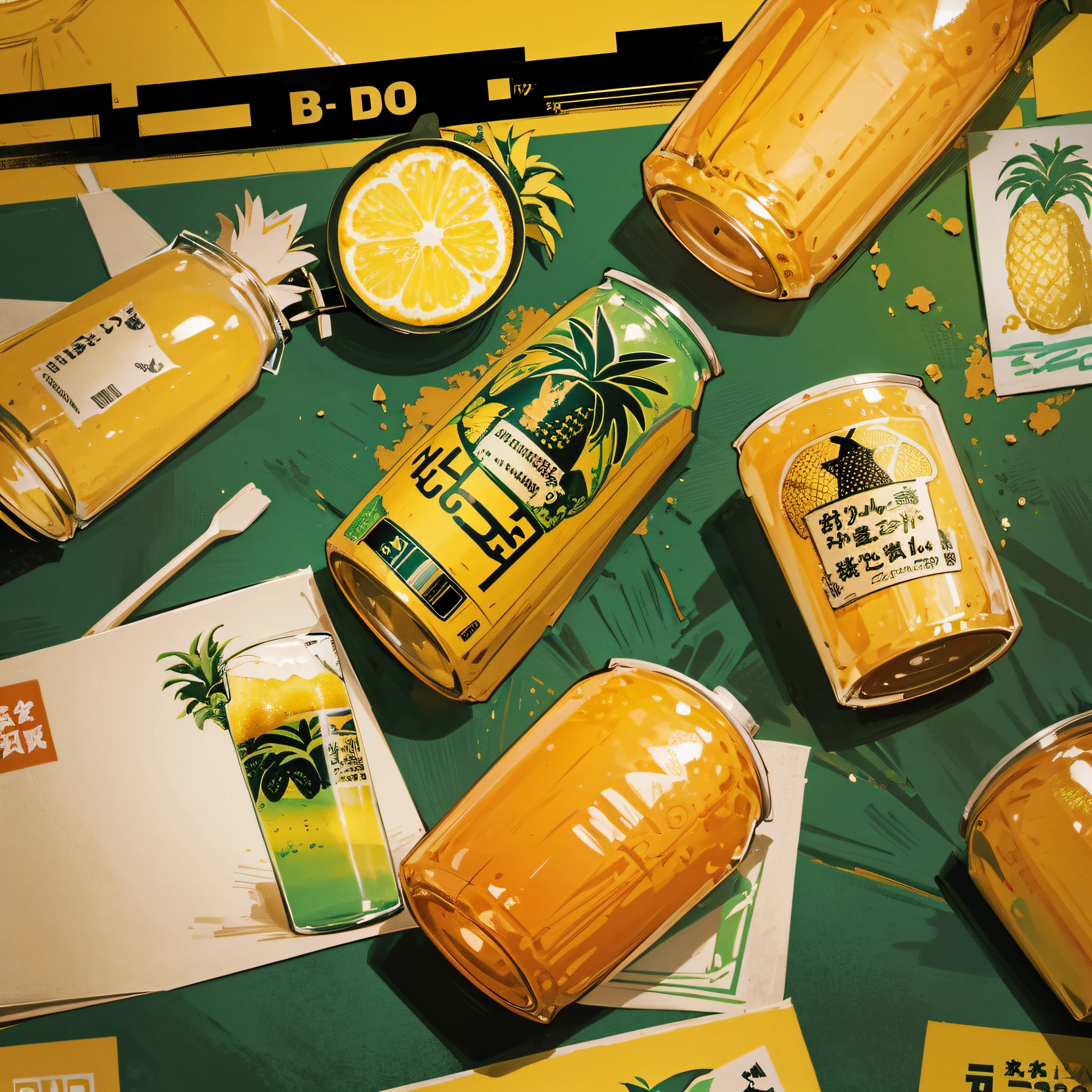 Wallpapers,Wallpaper phone,vintage poster style,Stamp stamp style,Dopamine style,Flat illustration style,There are pineapple flavored beer elements,There are Suntory tea drink elements