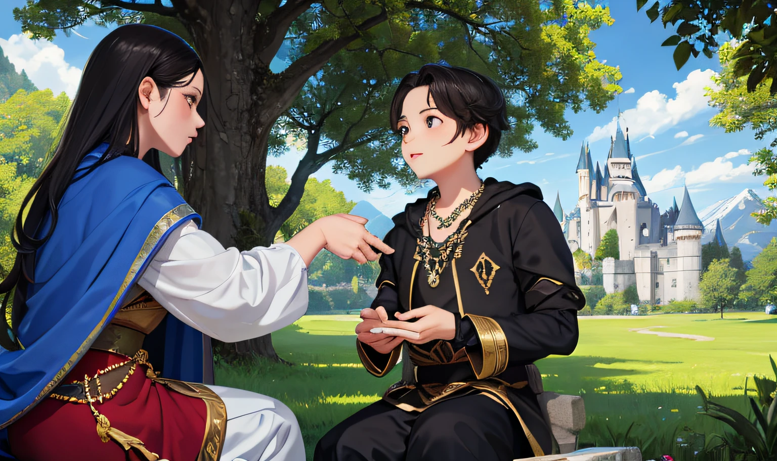 In the background is a huge castle,Next to the mountains,Overgrown with lush trees,A queen presents a necklace to a boy on the grass