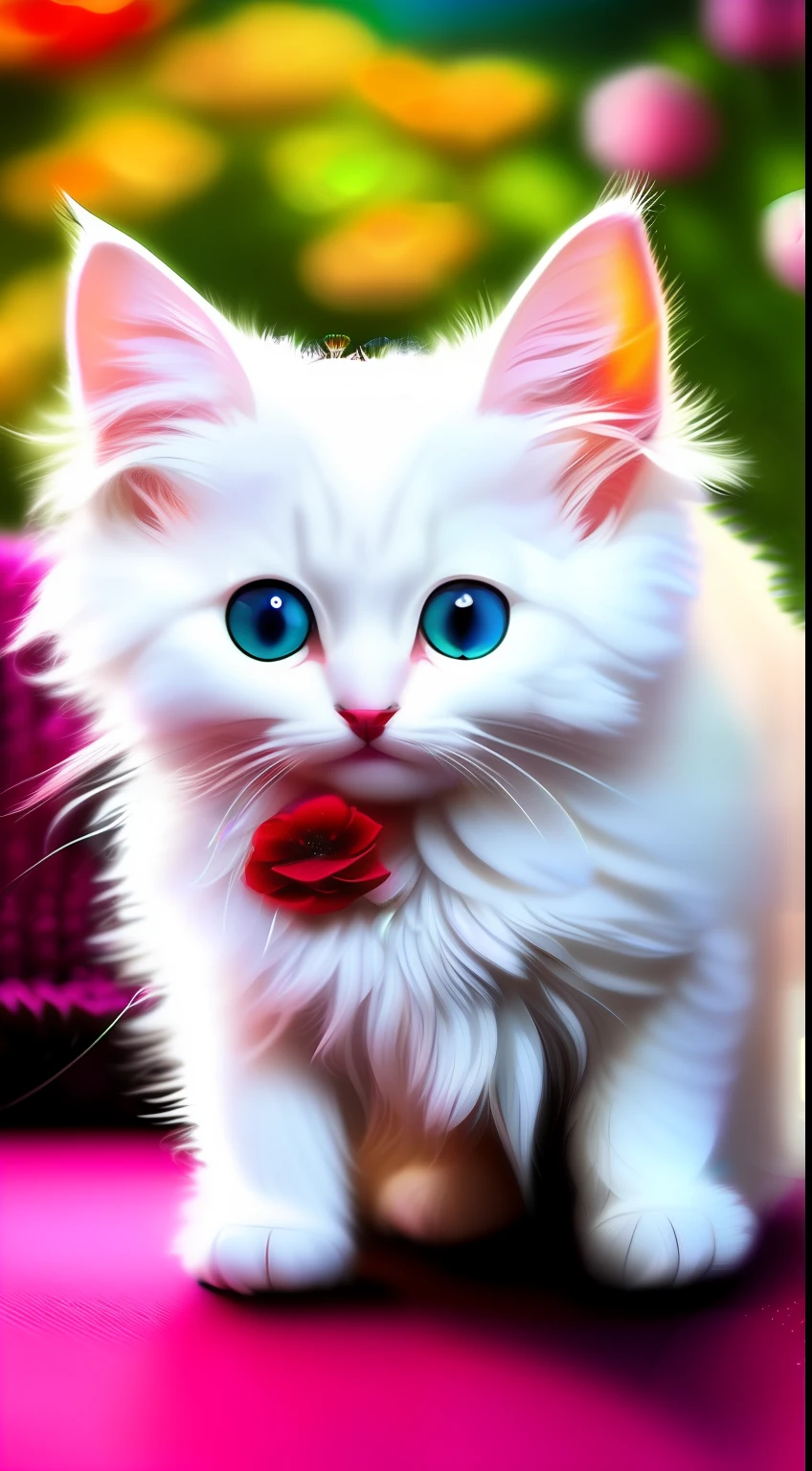 A white-haired kitten, shaggy,sparkle eyes,Jewelry and flowers in the background,ssmile,Funny,Left,Round box,Catstravaganza
