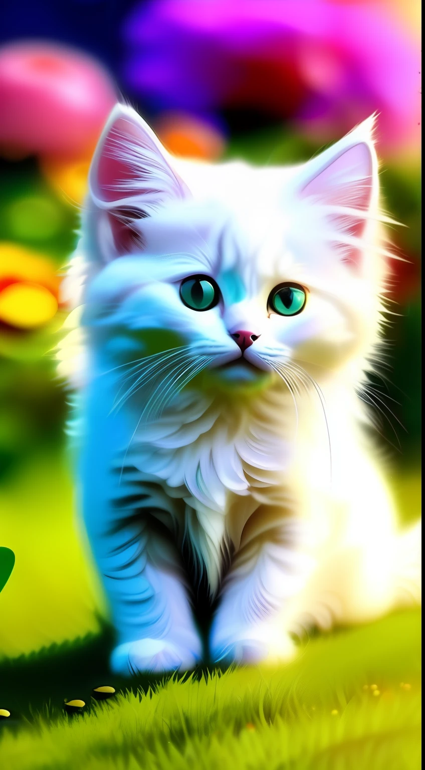 A white-haired kitten, shaggy,sparkle eyes,Jewelry and flowers in the background,ssmile,Funny,Left,Round box,Catstravaganza