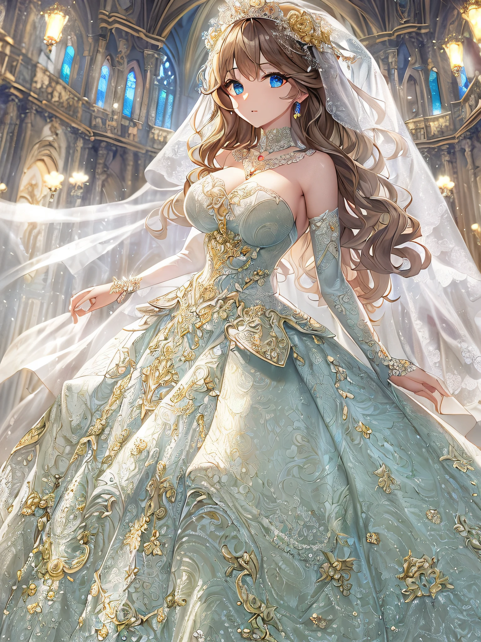 ((anime artstyle)),(Masterpiece),(Best Quality), (Super Detail),((Very Delicate and Beautiful)),Focus on character,Dynamic Angle,Looking at viewer,((Solo)),standing,((full body)),((one princess in gorgeous ball gown wedding dress with voluminous skirt)),((June bride)),detailed face and eyes,jewel-like eyes,((Very Long voluminous Hair)),gorgeous embroidery and lace,((gorgeous corsage)),See-through,(Gorgeous jewelry ornaments),luxury hair ornament,luxury tiara with jewels,ornate ruffles,((gigantic breasts,Long breasts)),indoor,church wedding,((full body)),hoop skirt,crinoline,very long wedding veil,(((fusion of jeweled wedding dress and gorgeous embroidery rococo ballgown)))
