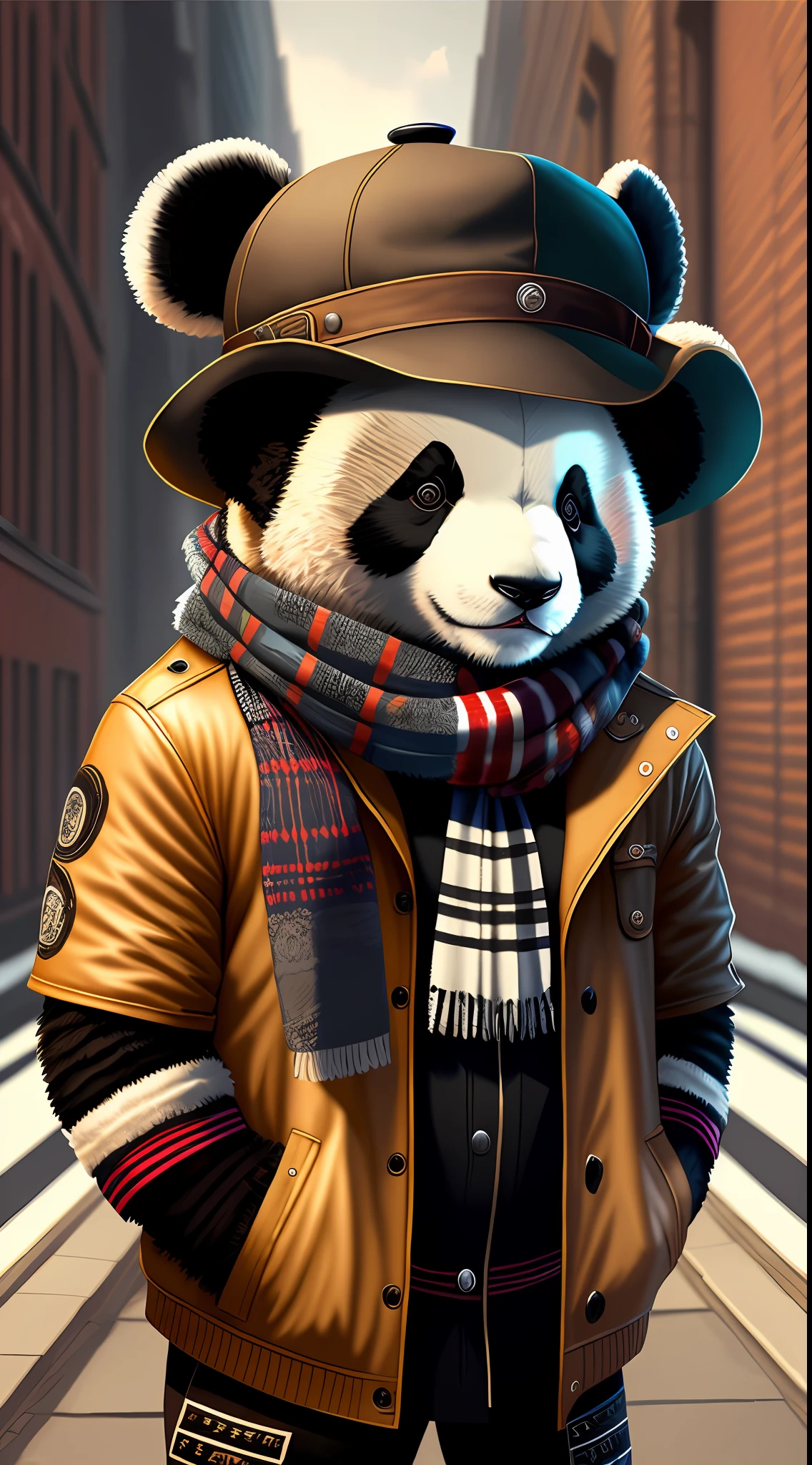 photo of a panda bear with hat and scarf, art season trend, dressed in punk clothing, hyper realistic detailed rendering, british gangster, urban style, intimidating pose, planet of the bears, fashionable clothing, urban samurai, western slavic features, 8 1 5