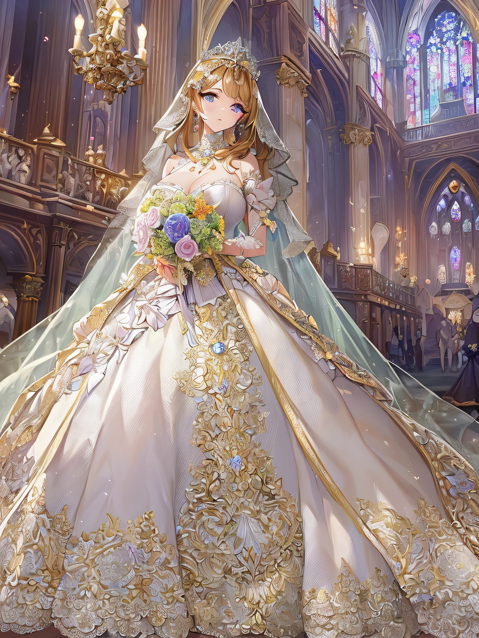 ((anime artstyle)),(Masterpiece),(Best Quality), (Super Detail),((Very Delicate and Beautiful)),Focus on character,Dynamic Angle,Looking at viewer,((Solo)),standing,((full body)),((one princess in gorgeous ball gown wedding dress with voluminous skirt)),((June bride)),detailed face and eyes,jewel-like eyes,((Very Long voluminous Hair)),gorgeous embroidery and lace,((gorgeous corsage)),See-through,(Gorgeous jewelry ornaments),luxury hair ornament,luxury tiara with jewels,ornate ruffles,((gigantic breasts,Long breasts)),indoor,church wedding,((full body)),hoop skirt,crinoline,very long wedding veil,(((fusion of jeweled wedding dress and gorgeous embroidery rococo ballgown)))
