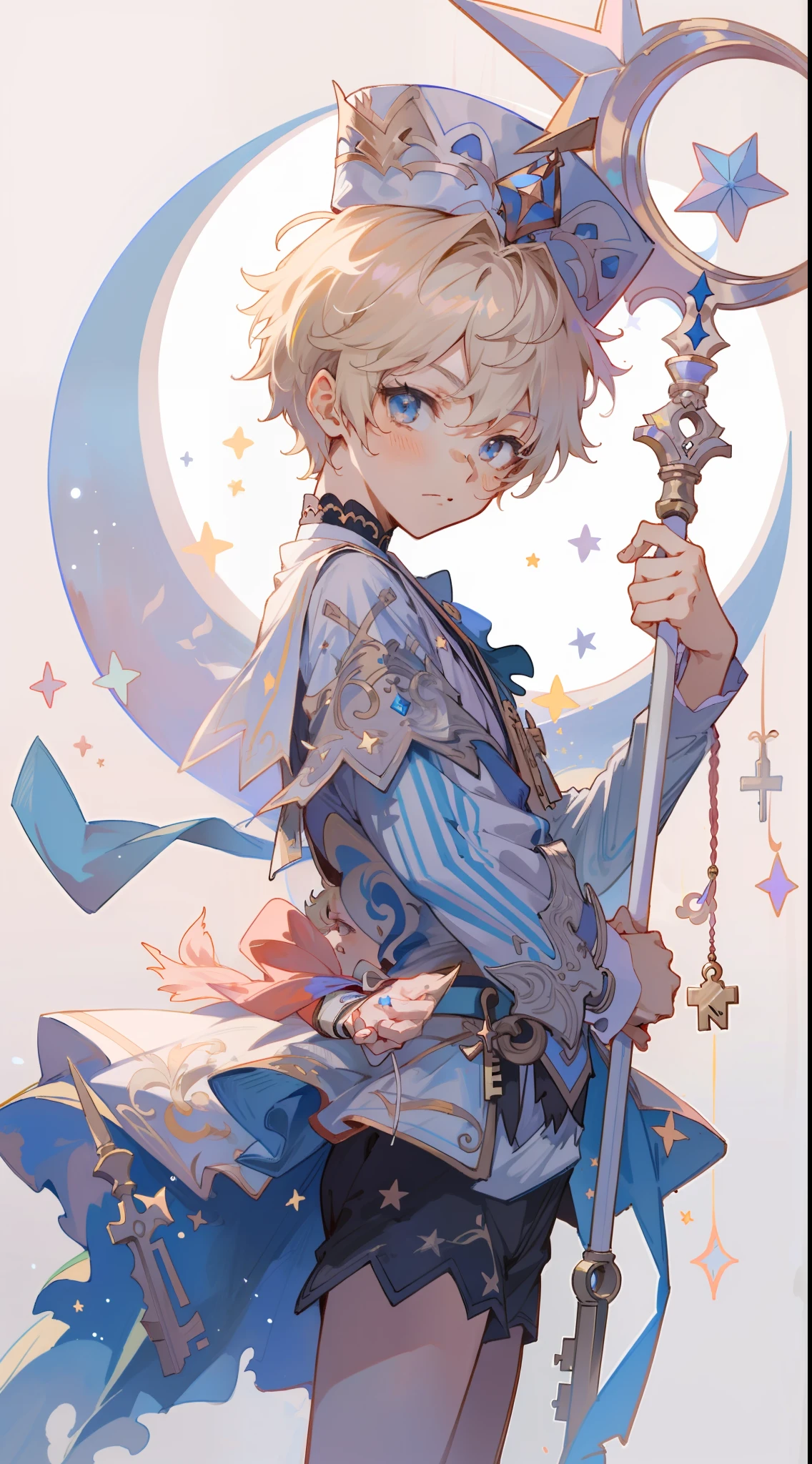Anime boy with stars and wand in his hands, Delicate prince, portrait of magical blond prince, highly detailed exquisite fanart, Beautiful prince, Key Anime Art, guweiz, lunar themed attire, Detailed key anime art, detailed fan art, zerochan art, Anime Illustration, Genshin