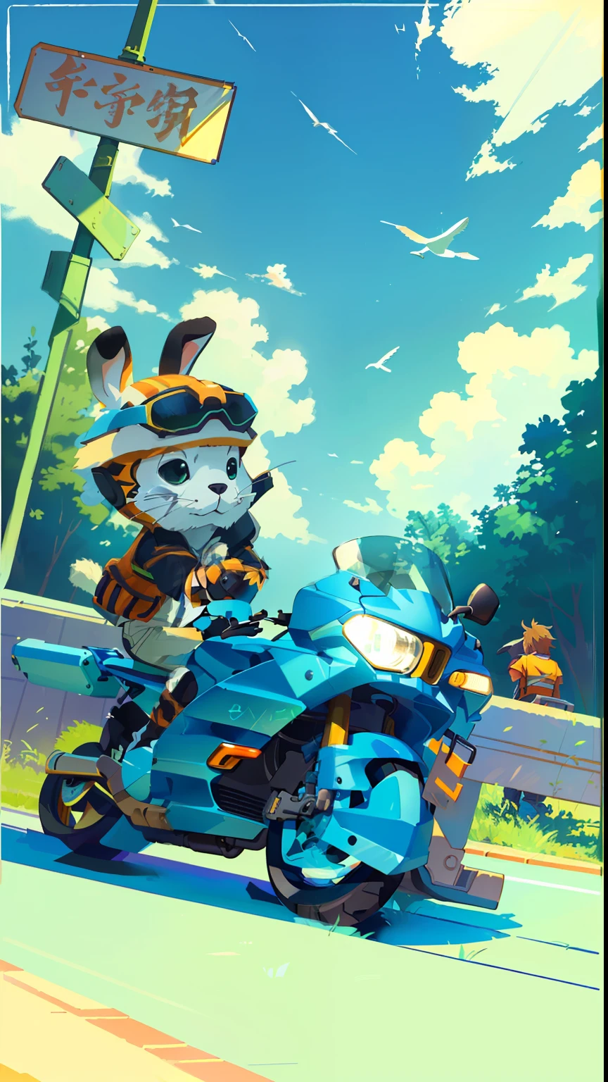 (Best quality),(Masterpiece),High details,Rabbits and tigers,a motorcycle,Estilo de Makoto Shinkai,makoto shinkai movie,KIDS ILLUSTRATION