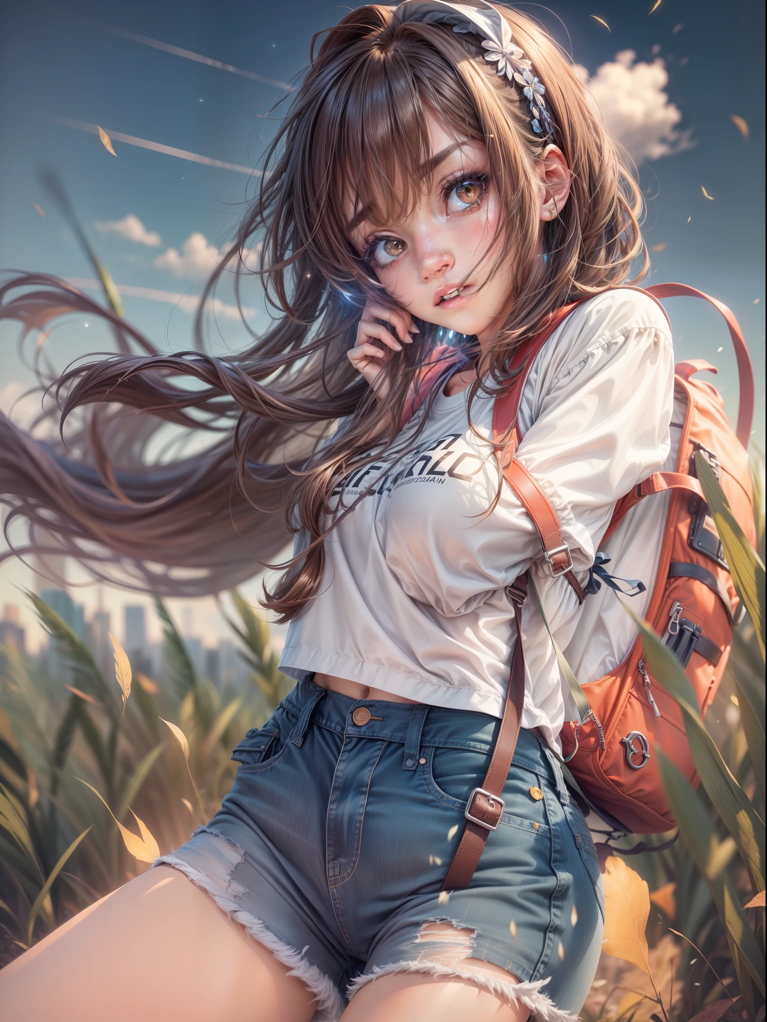 (beautiful and magnificent skyline, majestic sky), (extremely tense and dramatic pictures, moving visual effects), (high hanging Polaris, colorful natural light), (1girl), (long-sleeved top, denim shorts, carrying a backpack), (dynamic pose:1.3, black eyes, black hime-cut hair, sparkling girl)[:0.8], (large grassland), (oncoming breeze), (brown hair and background Coordination effect: 1.2), (close shot, long shot mix and match)[::0.9]