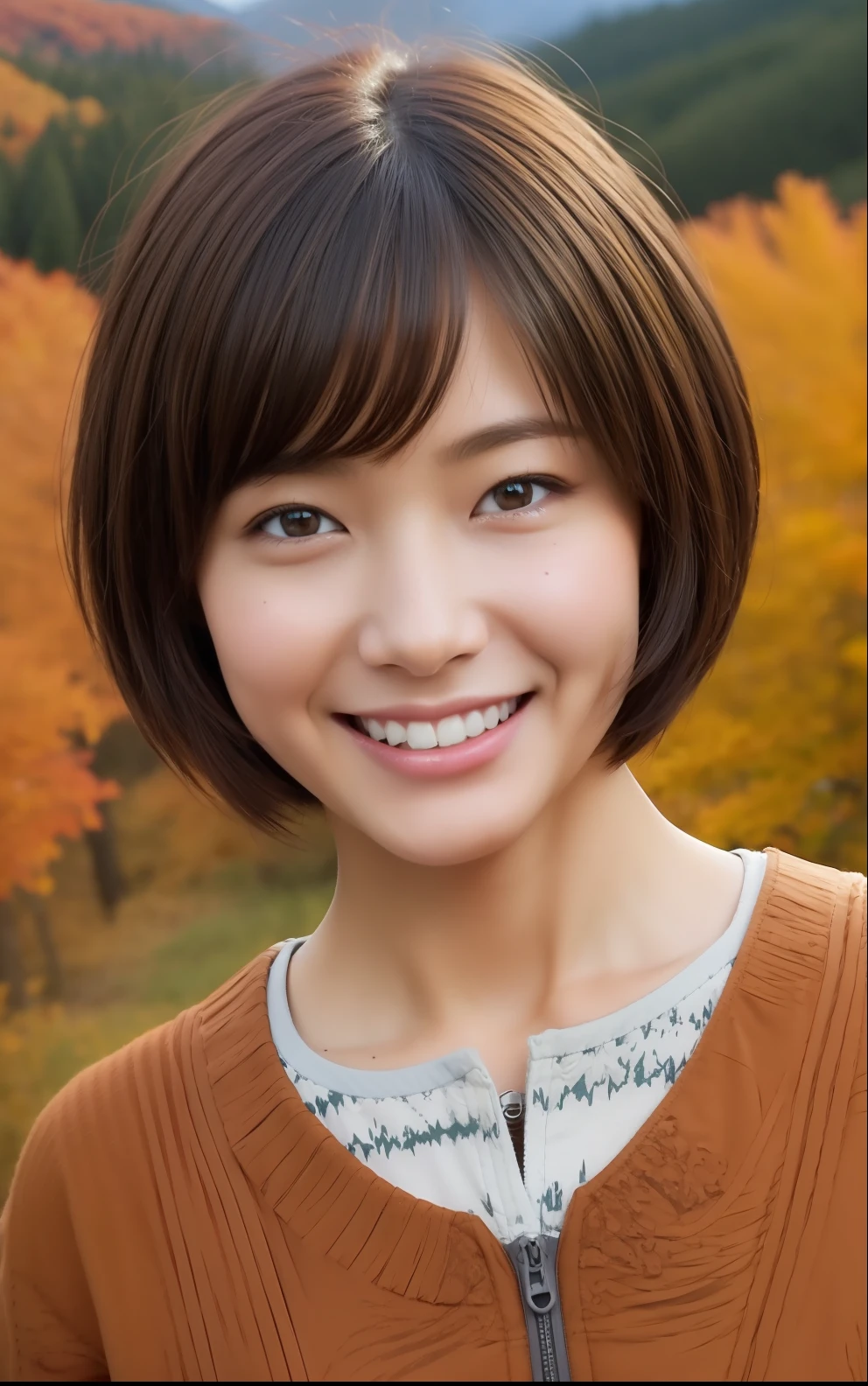 Mountains in autumn、Cute hiking wear、Short-cut hairstyles 、Women in Japan、a smile、 beautiful expression、Photorealsitic,Beautiful detailed eyes,Hyper-Realism,highcontrast,Ultra HD, realistic skin textures,Top image quality,top-quality,超A high resolution,Fine details,Very meticulously