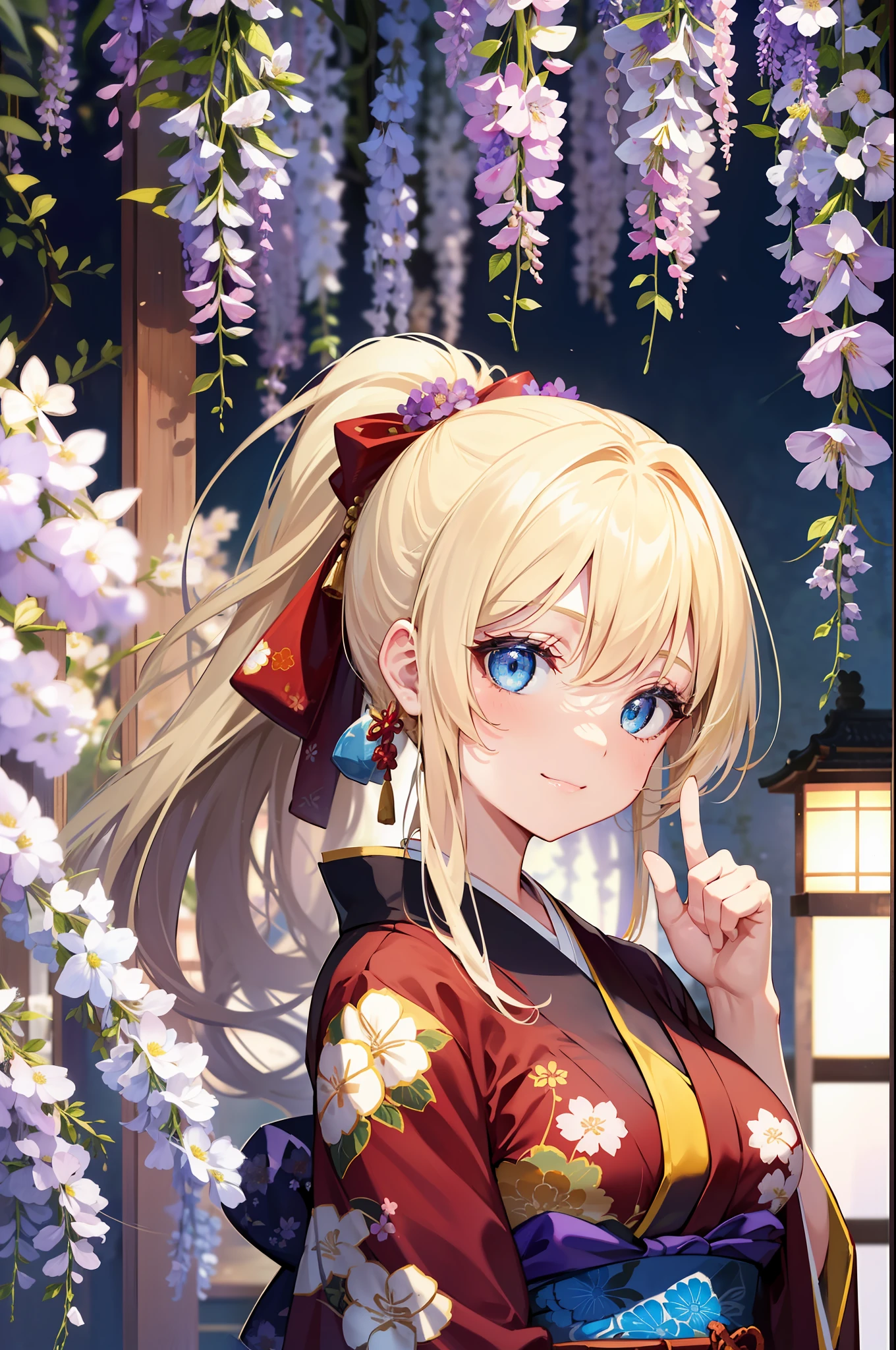 top quality, incredibly beautiful, very delicate 8k wallpaper, transcendent beautiful girl, smile, (long hair, blonde hair, ponytail), large breasts, blue eyes, (detailed and beautiful eyes), (five fingers, 4fingers and 1thumb), floral print kimono, Japanese garden, Wisteria trellis extending to the background,