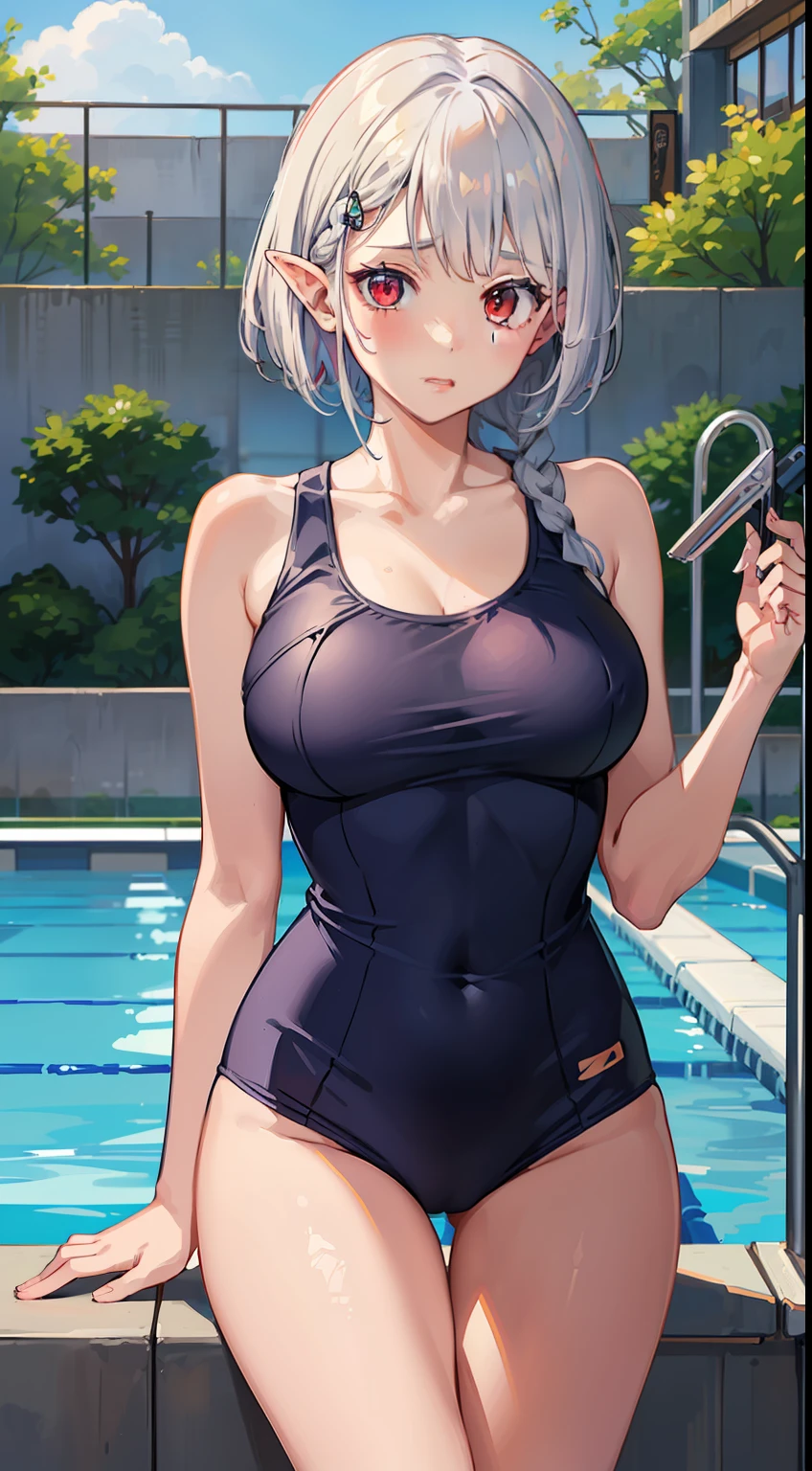 ((Embarrassing)), ((Put your hands on your chest)), ((Slouched)), 1 Whole body of a girl, elvish, ((silber hair)), Red Eyes, bob cuts, Braided hair, School swim wear, Outdoor pool, speculum, gender change, concept-art, beautiful anime scene, Beautiful anime scenery, top-quality, masterpiece