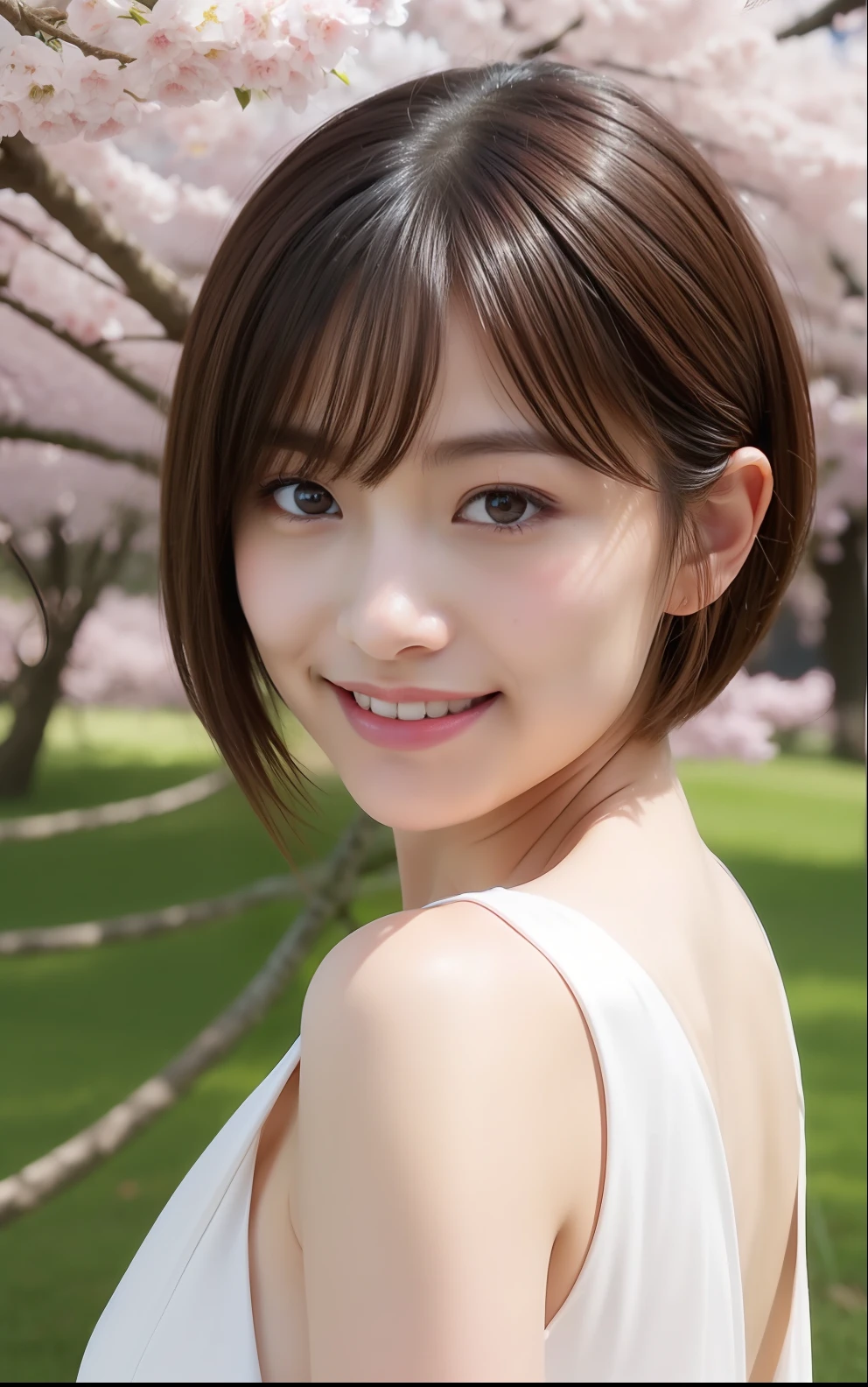 top-quality、超A high resolution、Short-cut hairstyles 、Women in Japan、A slight smil、 beautiful expression、Photorealsitic,Beautiful detailed eyes,Hyper-Realism,highcontrast,Ultra HD, realistic skin textures,Top image quality,top-quality,超A high resolution,Fine details,Very meticulously、red blush、cute little、(详细的脸)、Light smile、Looking at the camera、The upper part of the body、komono、Sunnyday、a river、(cherry trees)、blue-sky、