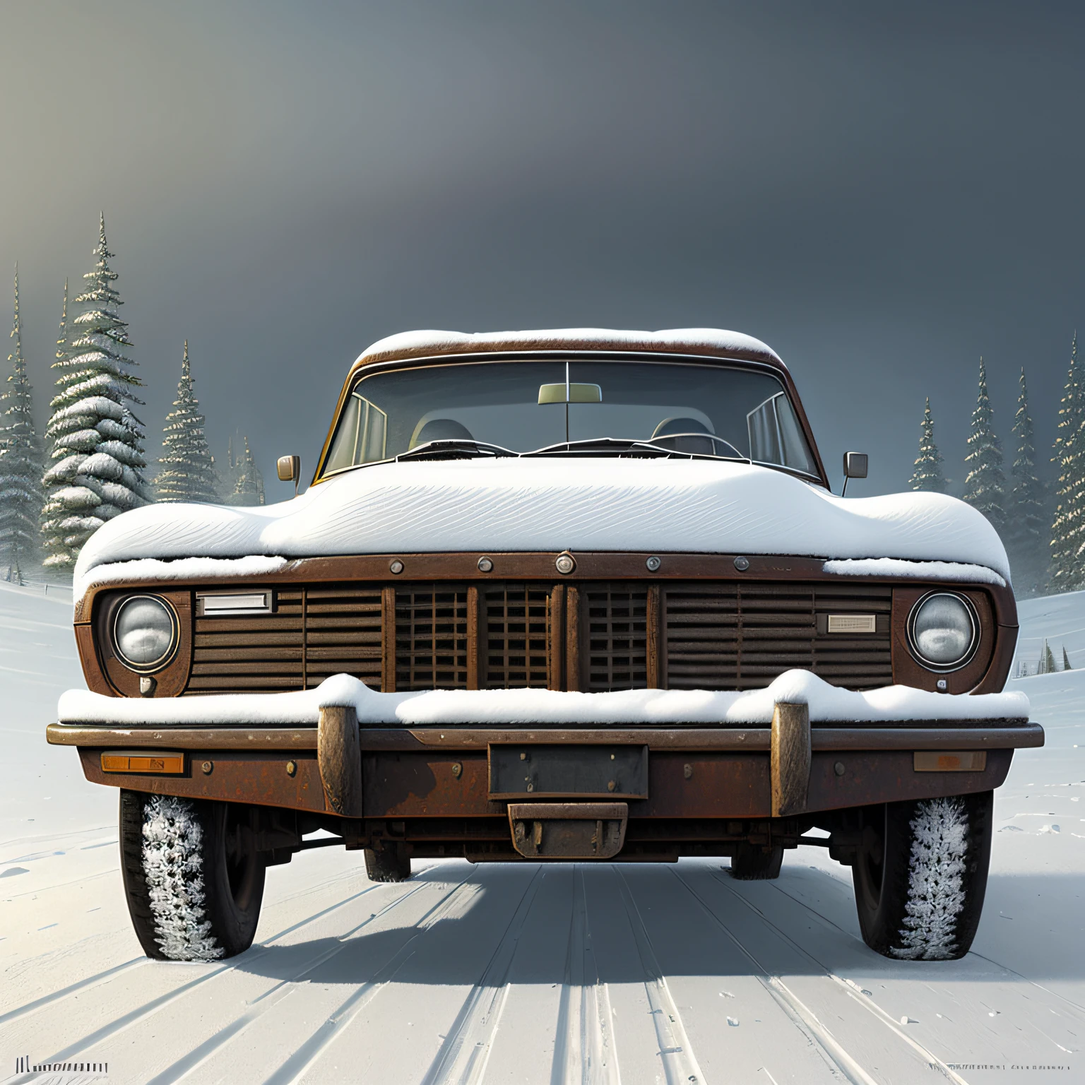painting of an old car with a snow covered hood and tires, inspired by James Gurney, digital art oil painting, oil paint style, oil digital painting, inspired by Andrey Esionov, oil on canvas. cinematic, concept art oil painting, high quality digital painting, airbrush digital oil painting, not going anywhere. oil painting --auto