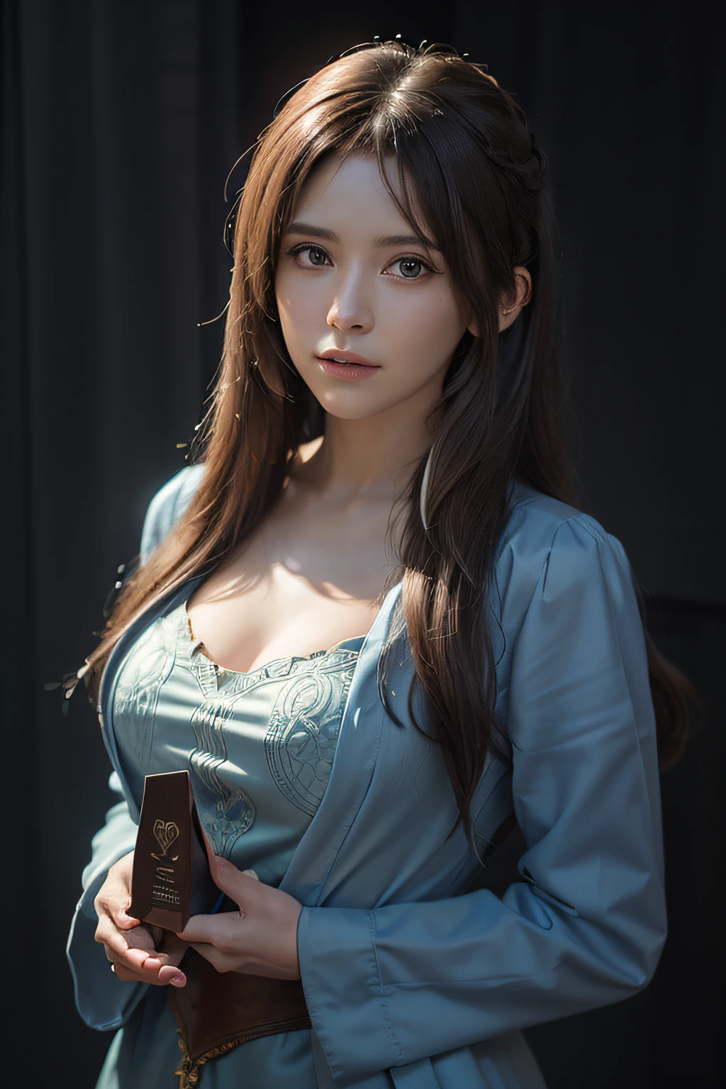 Hyperrealist portrait of female by david hockney and alphonse mucha,fantasy art, photo realistic, dynamic lighting, artstation, poster, volumetric lighting, very detailed faces, 4 k, award winning,, 1girl, in the dark, deep shadow, low key,cowboy shot,(official clothing:1.4) ,long hair,white hair,