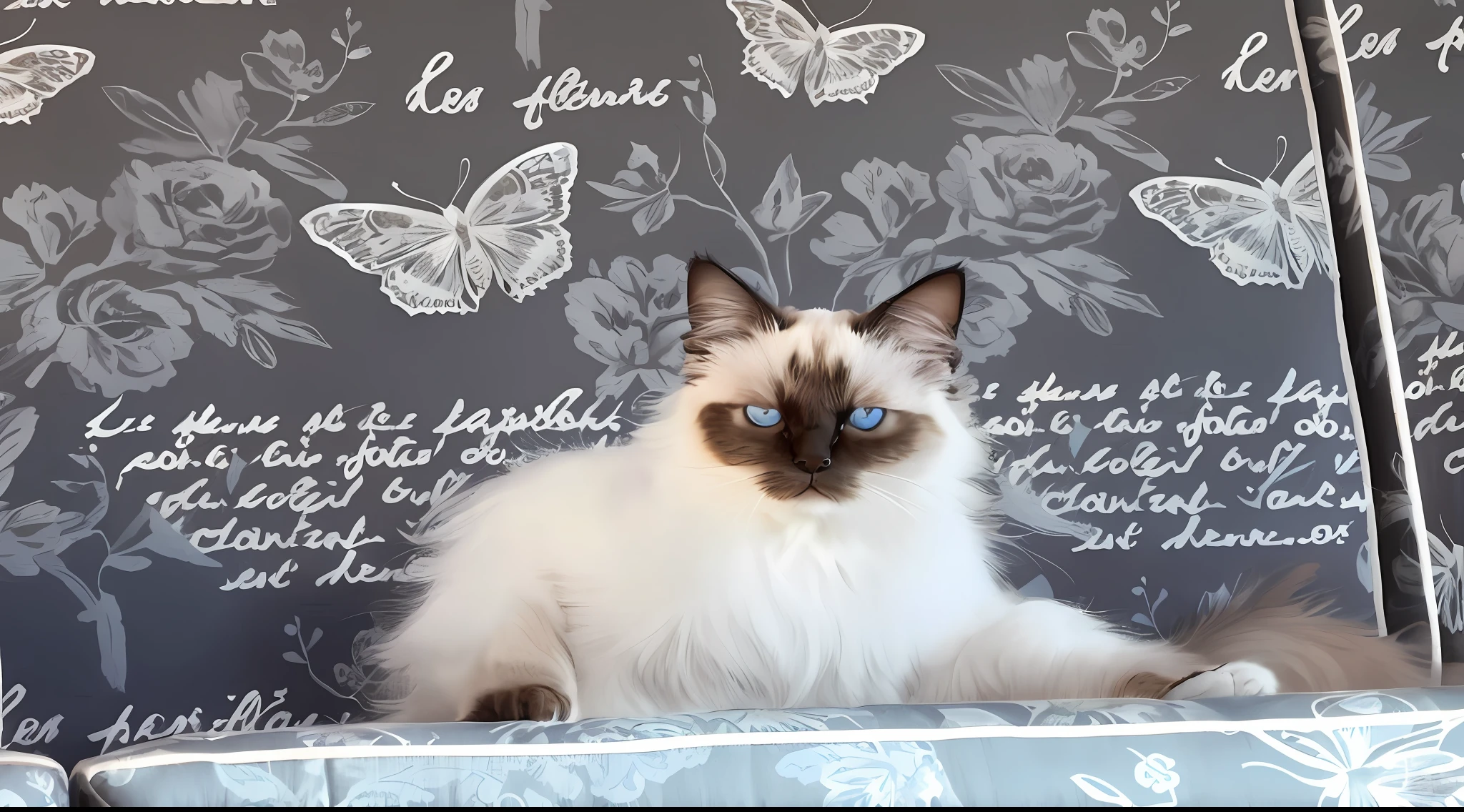 There is a cat sitting on the sofa with butterfly wallpaper, Ragdoll cat, aesthetic siamese cat, Azure Blue Eyes, elegant cat, beautiful grumpy girl, soft but grumpy, Portrait 4 / 3, regal pose, intense stare, Cat, Affectionate gaze, Small blue eyes, White with chocolate-brown spots, Blue-eyed, fleurfurr --auto