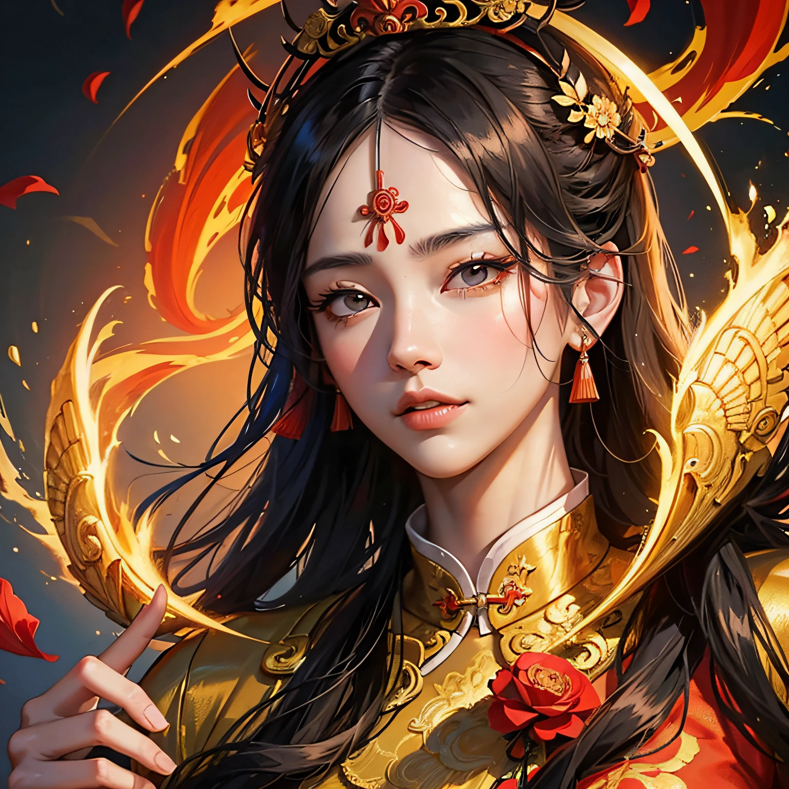 Ancient Chinese handsome man, front close-up, face close-up, long black hair, wearing ancient Chinese yellow clothes, there are patterns on the clothes, red petals flying in the air, the background is ancient Chinese ornate palace, delicate features, detail painting, fantasy art, animation aesthetics, HD 8k -- ar 16:9 -- niji 5 --auto