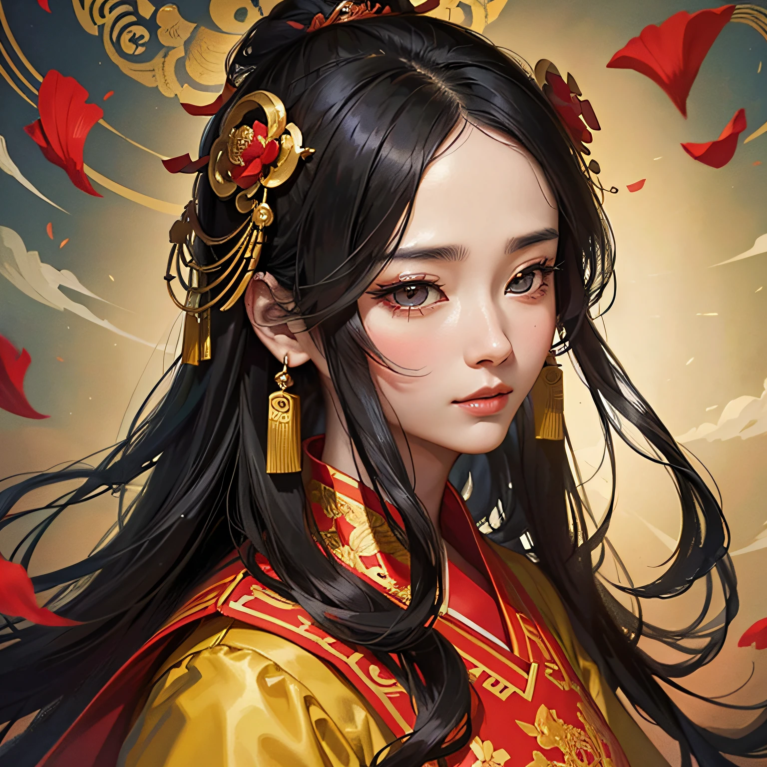 Ancient Chinese handsome man, front close-up, face close-up, long black hair, wearing ancient Chinese yellow clothes, there are patterns on the clothes, red petals flying in the air, the background is ancient Chinese ornate palace, delicate features, detail painting, fantasy art, animation aesthetics, HD 8k -- ar 16:9 -- niji 5 --auto