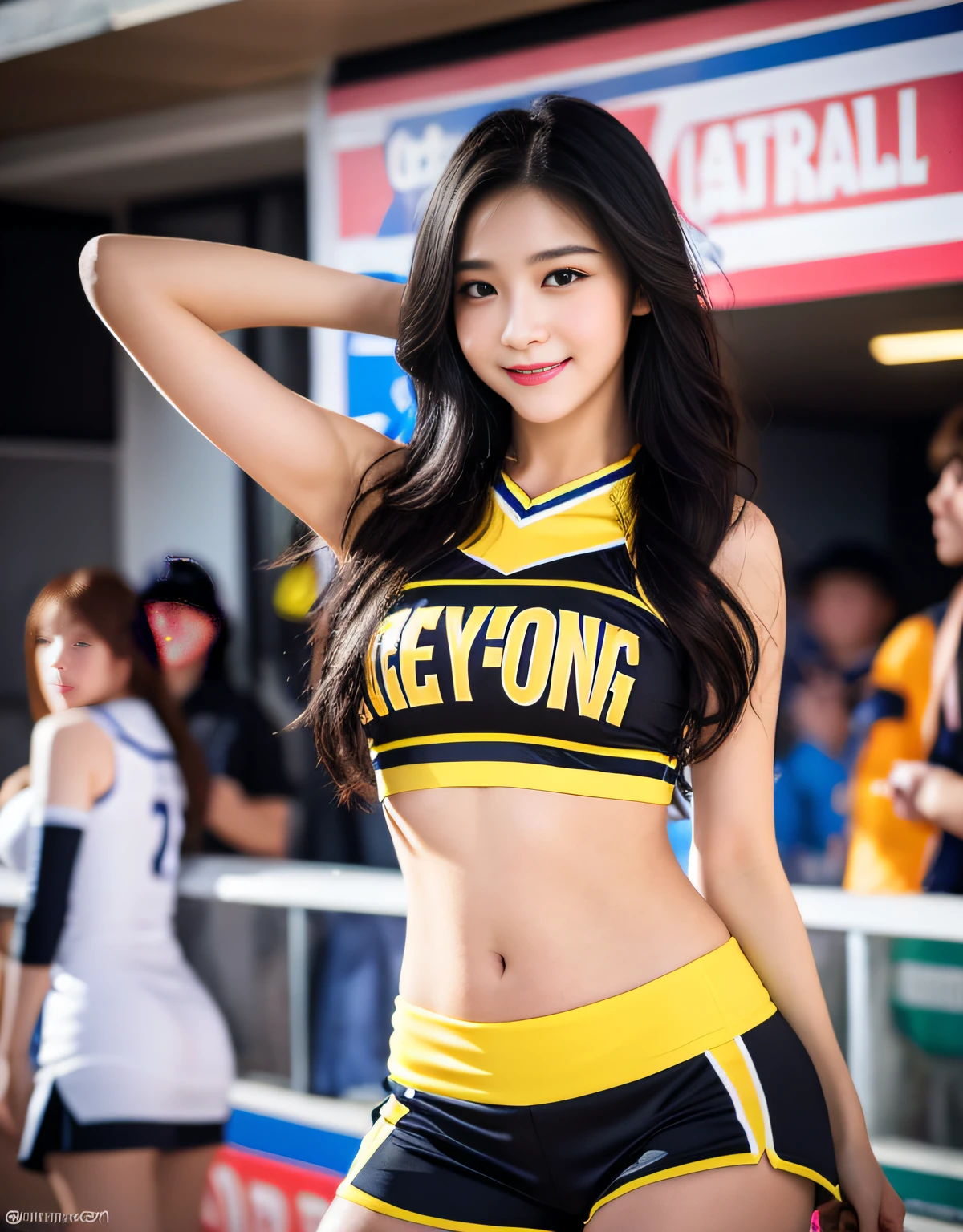 8K UHD, DSLR, Raw foto, Photorealistic, ultra realisic, Cinematic Lightning, high detailed, high detailed skin, High Quality , Tamron SP 70-300mm F/4-5.Photo taken by 6,The highest quality, Big breasts and thighs seen a lot, The ultra-Highres, slim waist, Lovely smile, highly detailed faces, Detailed lips, Detailed Eyes, Double eyelidd, Long black hair, Black-haired god, Cheerleading at a baseball stadium in South Korea, Bright and cheerful atmosphere, Lovely eyes, (cheerleader), Cheerleader costumes, Colorful costume colors, model poses, full body photograph,Bright and tight-fitting clothes, Sexy fashion