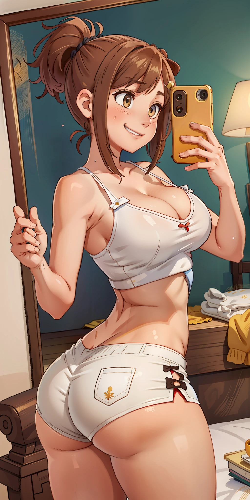 beautiful, (masterpiece:1.2), (best quality:1.2), perfect eyes, perfect face, perfect lighting, 1girl, ass, deep cleavage, breasts, brown hair, white spaghetti strap, cutoffs, running shorts, long hair, median furrow, huge breasts, micro shorts, panties, ponytail, short shorts, shorts, beautiful background, solo, white tank top, thighs, thong, hotel room, huge ass, wide hips, sweating, blushing, soft smile, front view, fan service, fanservice, cute anime face, laying on back, exhausted, tired, skindentation, mirror selfie, flexing arm, smiling