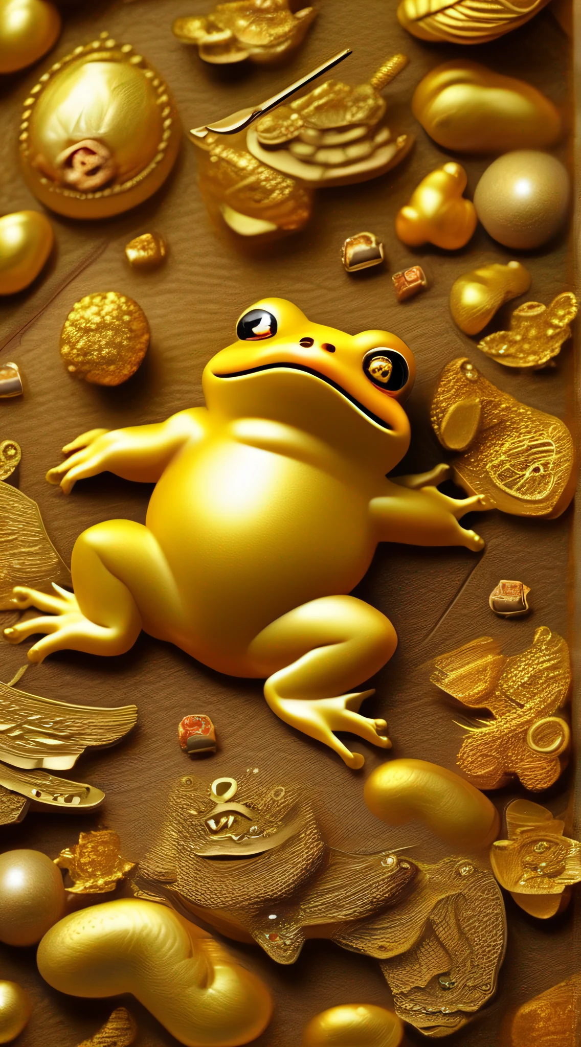 "Golden Toad，Resplendent，Fortune is good，It means wealth，Rui Qi Ying Door，Golden toad，Chubby toot，adolable，prette，Shine brightly，The complex body is inlaid with ingots，Coins。"（Tummy position，bird's eyes view），（dreamy scenes），Ultra photo realsisim，ultra intricately detailed，super-fine，hyper HD，8K,3D,C4D,octaneratingrendering