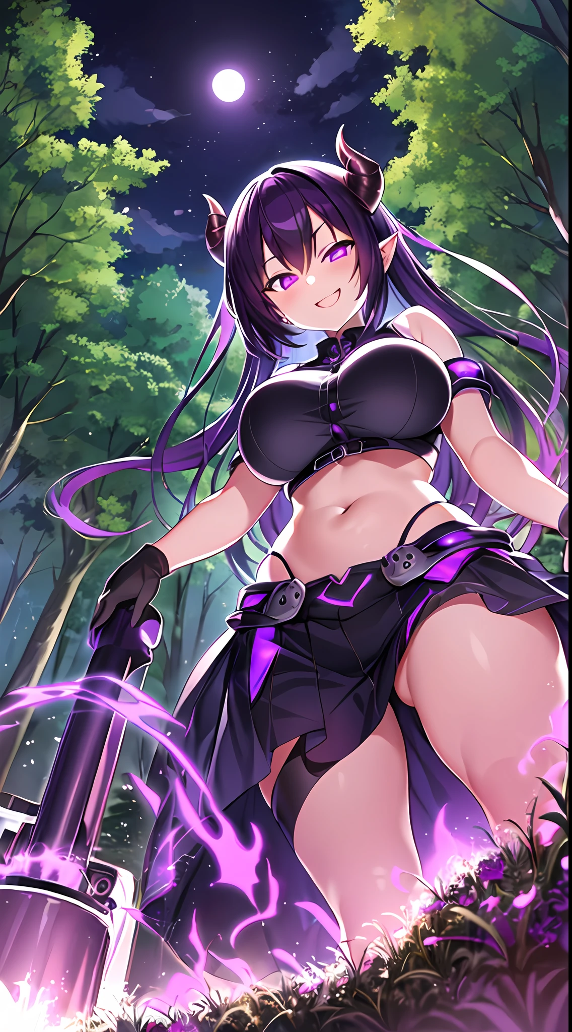 (masutepiece:1.0),(Illustration),(Extremely detailed),(1girl in), (Huge Girl), (Demon Girl) , (Heavy equipment), (Stomach) , (purple black hair), (Purple eyes), (Twin-tailed) , (Glowing eyes), (Open mouth), (Smirk) , (forest), (Night), (aura) , (From below)