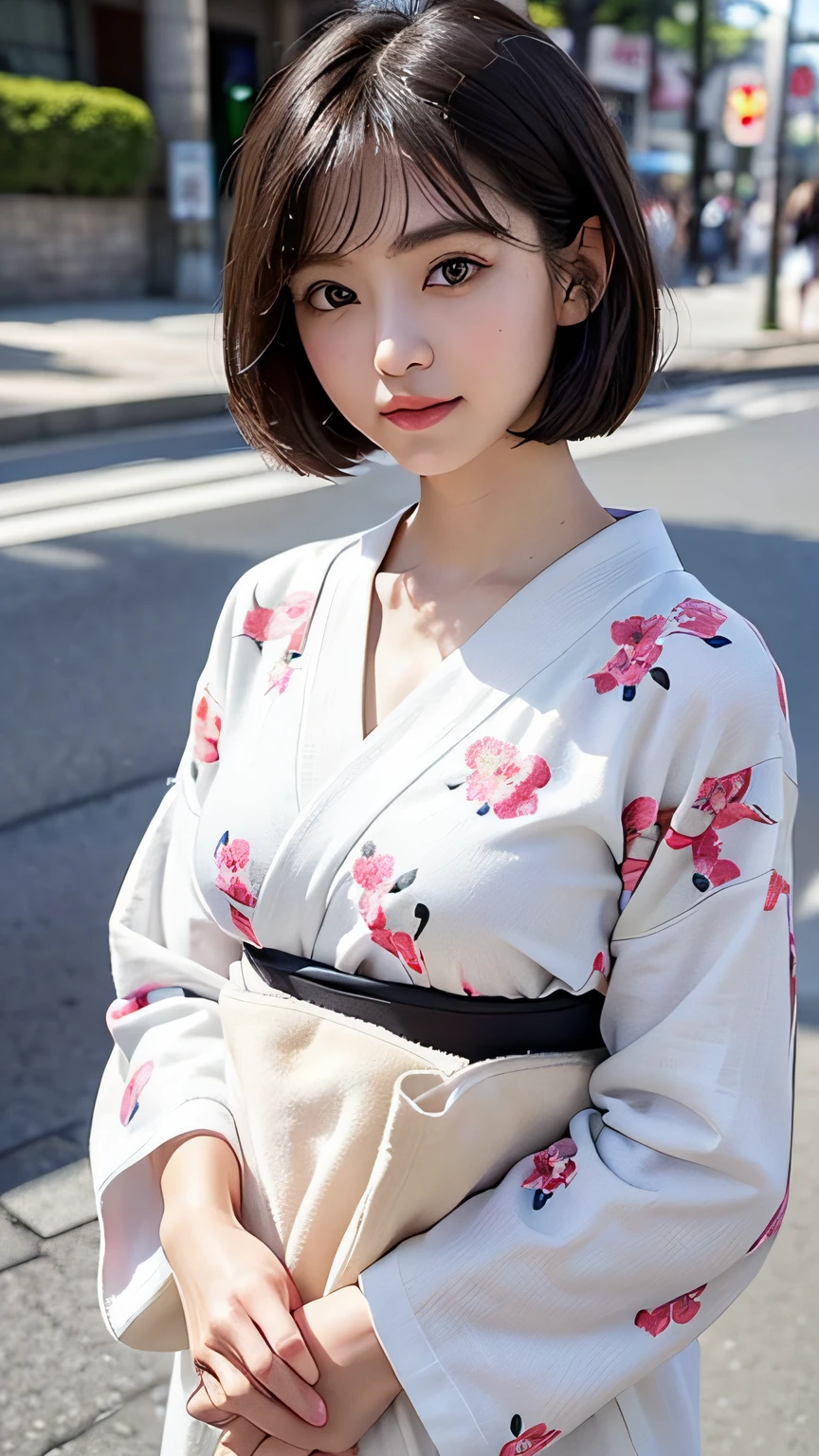 masterpiece、top-quality、超A high resolution、(photographrealistic:1.4)、((1girl in、White fair skin:1.4、age19、spotless、cute little、A dark-haired、bobhair_cut、shorth hair、Normal breasts:1.6))((Casual wear))、(portrait of japanese famous actress)、(A smile、Happiness、Joy、jolly、closes mouth)、、High detailed eyes、long neck、bangss、Lashes、Big eyes、In the street、Sweaters、Casual wear、The shirt、Japan floral yukata、matsuri