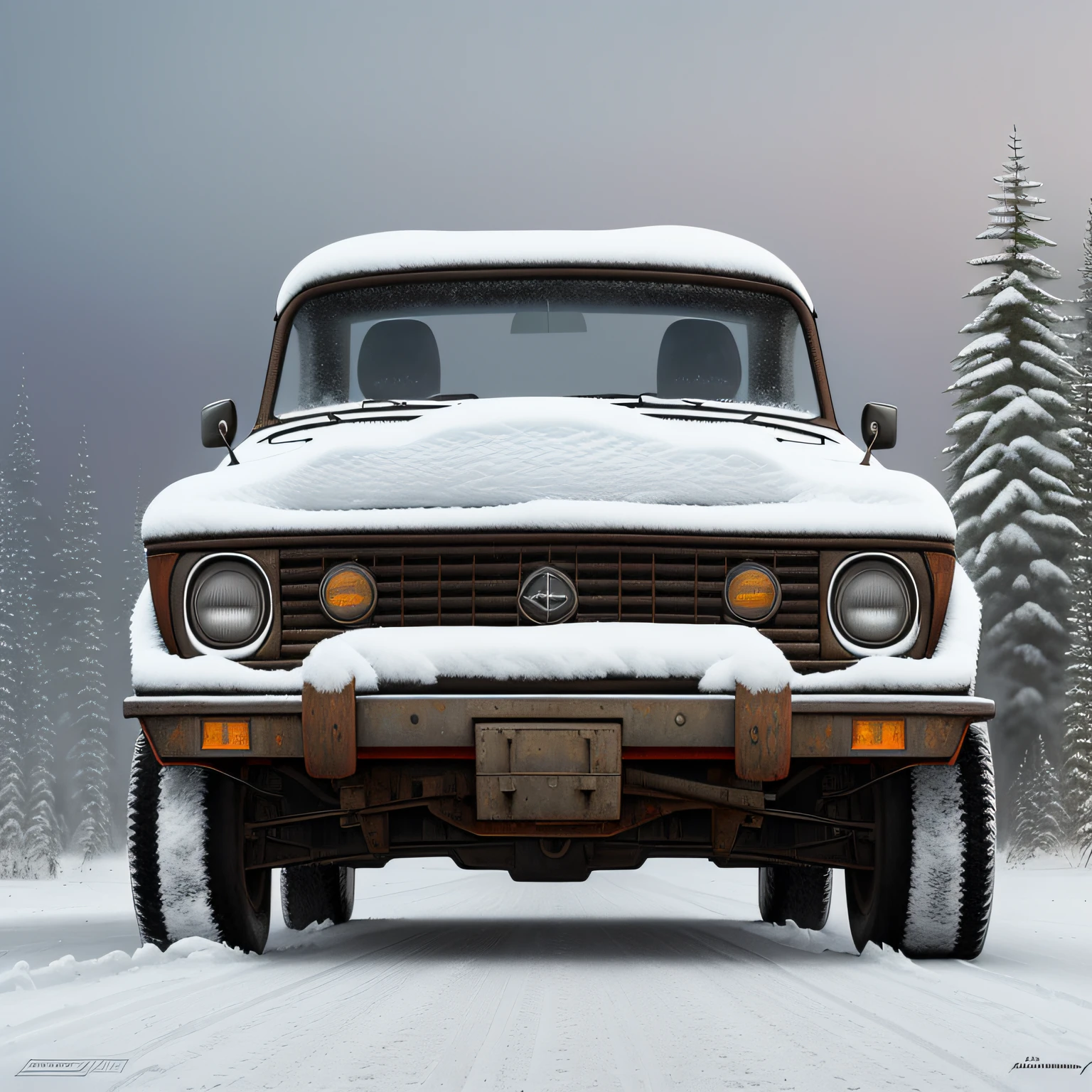 painting of an old car with a snow covered hood and tires, inspired by James Gurney, digital art oil painting, oil paint style, oil digital painting, inspired by Andrey Esionov, oil on canvas. cinematic, concept art oil painting, high quality digital painting, airbrush digital oil painting, not going anywhere. oil painting
