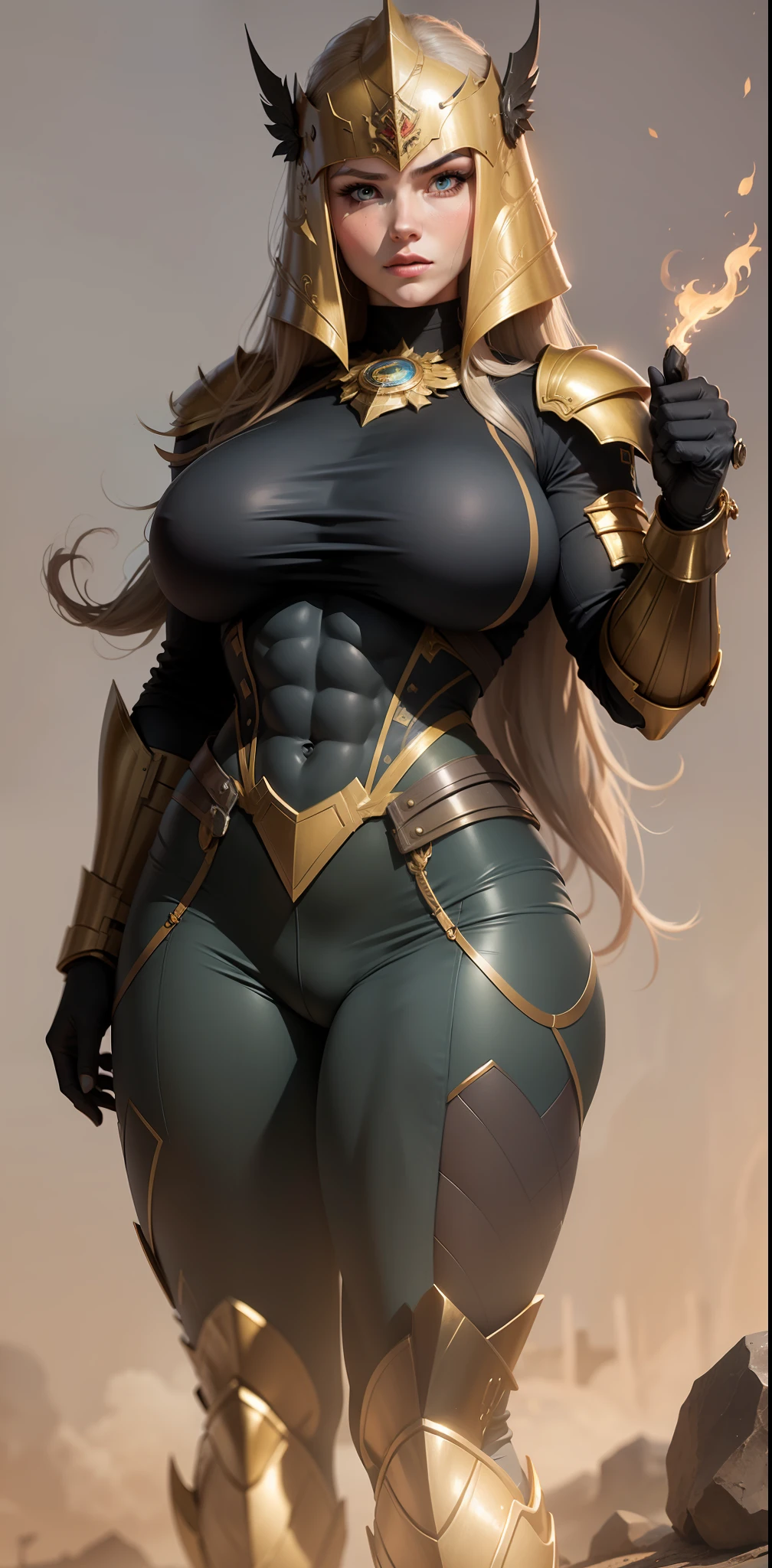 Female soldier, strong arms, bic biceps, strong abs, big breasts, big butt, golden mask, high tech armor, black grey and golden armor