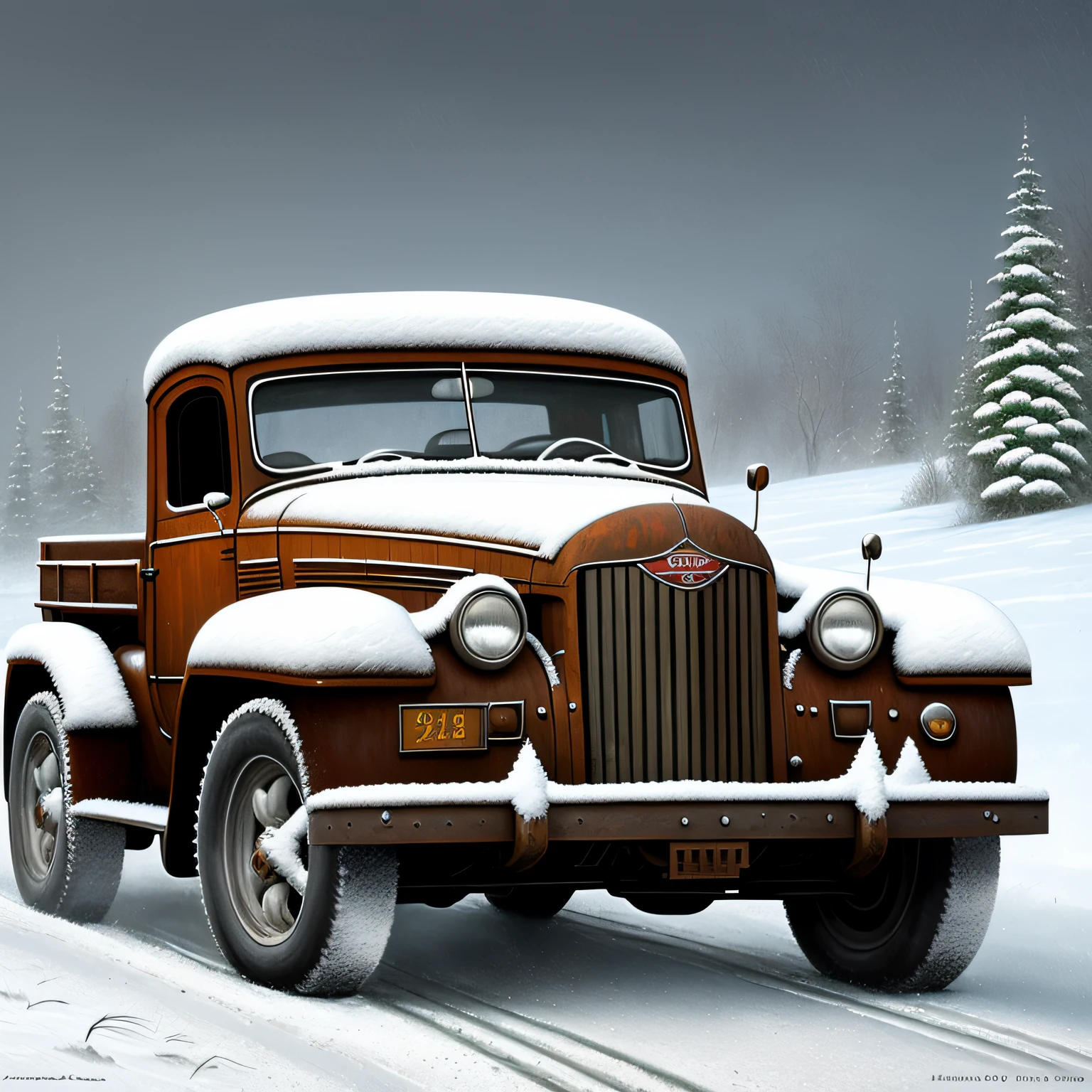 painting of an old car with a snow covered hood and tires, inspired by James Gurney, digital art oil painting, oil paint style, oil digital painting, inspired by Andrey Esionov, oil on canvas. cinematic, concept art oil painting, high quality digital painting, airbrush digital oil painting, not going anywhere. oil painting