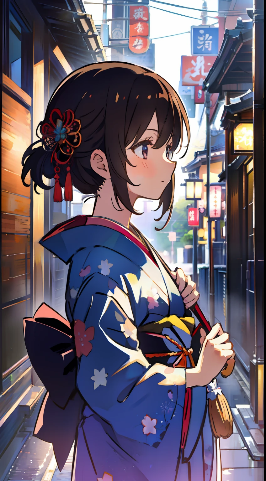 One girl、A dark-haired、Medium hair、cute little、masterpiece、Top image quality、top-quality、kimono、Japanese umbrella、Streets of Kyoto、bru、profile、Beautiful fece、Straight face