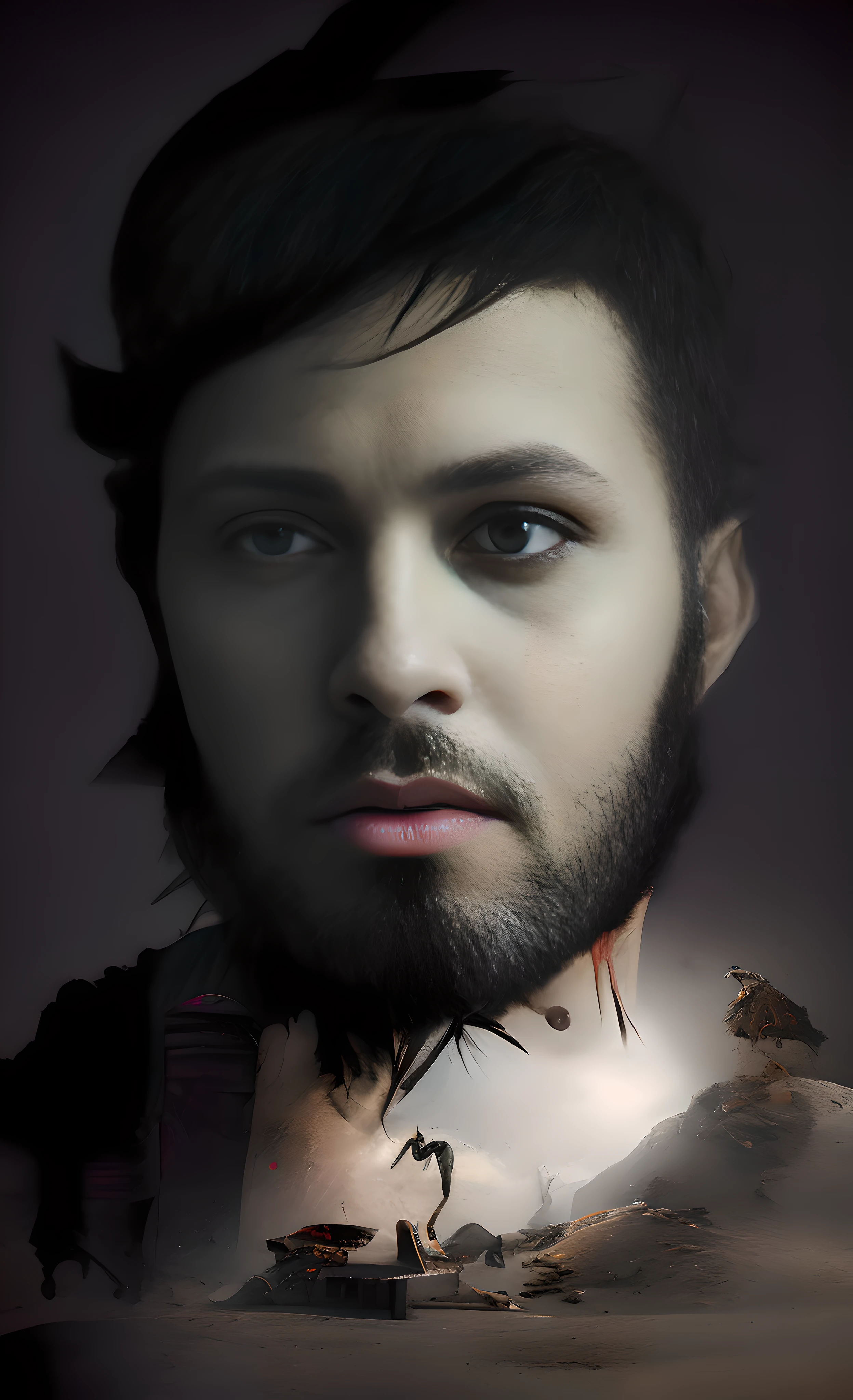 A photorealistic portrait of a demonic monster with black face scales, fantasy setting, horror ambience, morbid colors, Dark lighting, areligious symbols, cross, churches, crucifixes, macabre atmosphere, superimposed images creating a gloomy atmosphere, (8k quality), dramatic lighting, vivid texture, sharp focus artistic composition, (trending on instagram:1.1), (dark and intense atmosphere), (post-apocalyptic photography style), (great use of textures and shadows), (impressive use of light and shadow to create a chilling atmosphere), (impressive depth effects), (dark and cold tones), (ominous and mysterious atmosphere), (dramaticism in composition and lighting), (breathtaking visual quality), (a stunning work of art), (a demonic monster that seems to gain life)