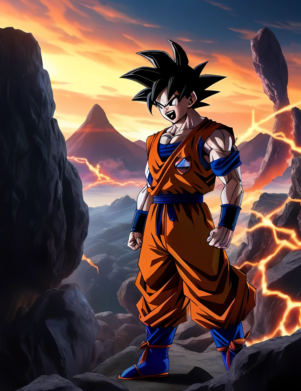 Dragon Ball Goku in front of a mountain with lightning, Filho Goku, Goku de Dragon Ball, badass anime 8 k, Goku de Dragon Ball Z, Goku de Dragonball Z, Goku Humano, Goku, Sede 8k, Ultra instinto, Arte da sede, Retrato de Goku, Retrato de Goku, fan art, Arte HD, Arte Oficial, Super Saiyajin Goku