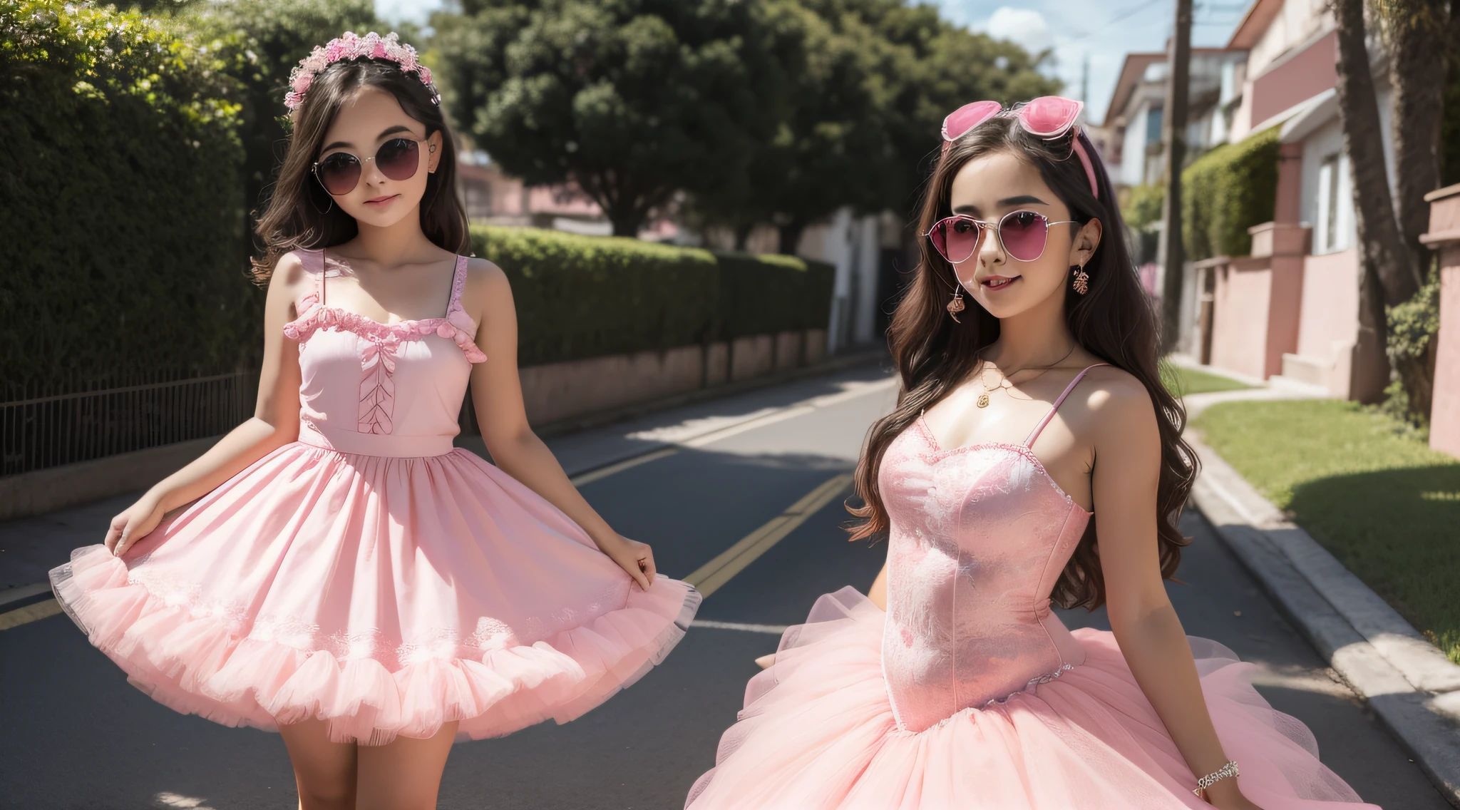 There is a girl wearing a pink dress and heart-shaped sunglasses, vestido de baile rosa brilhante, menina rosa bonita, menina doce, cute and adorable, Retrato da princesa da fada, princesa fada, de uma menina anjo bonita, romantic rose tutu, Looks doces, menina cor-de-rosa, wearing pink romantic tutu, wearing a pink romantic tutu, na floresta cor-de-rosa, princesa menina