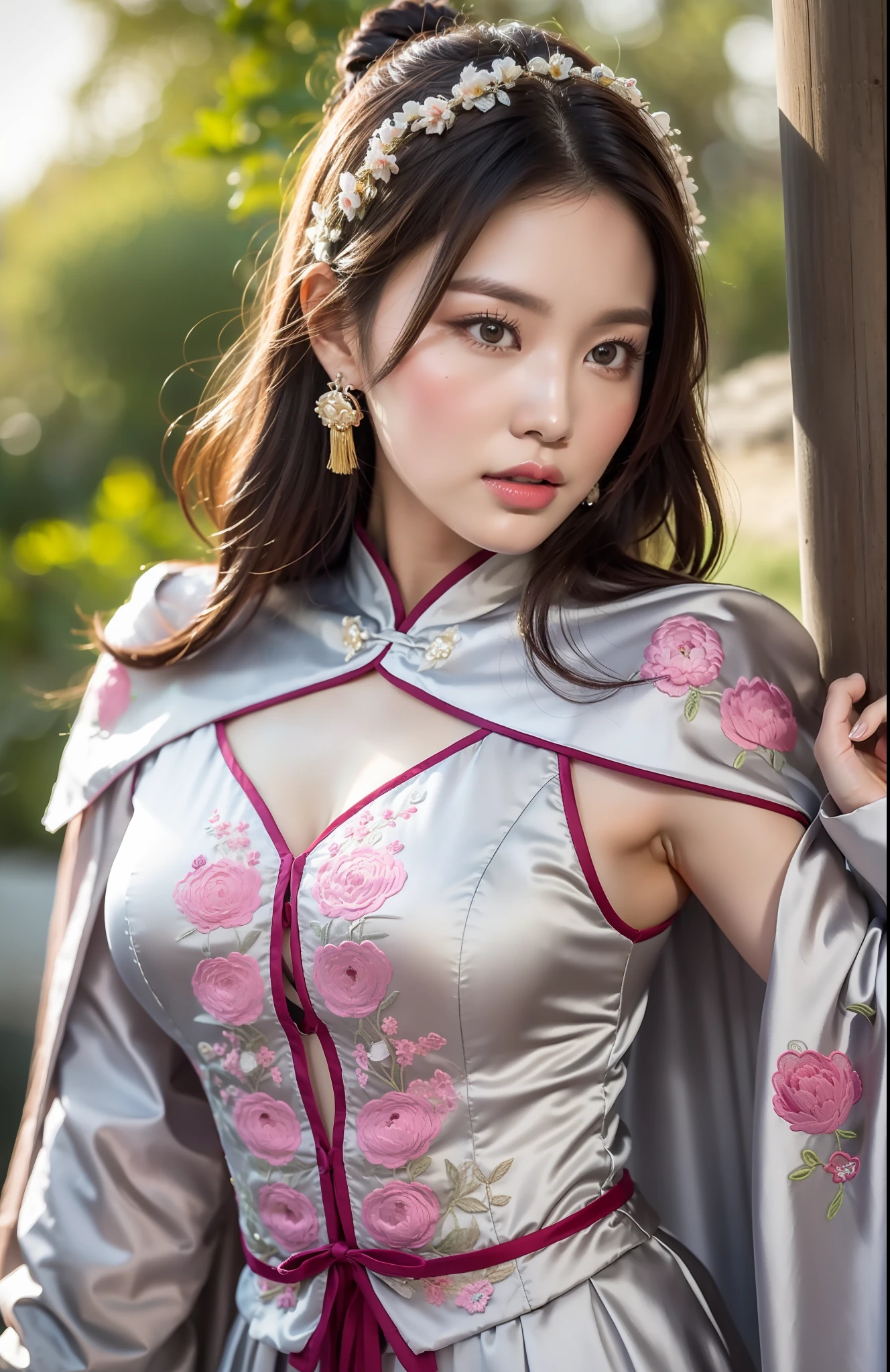 Best quality, masterpiece, large part of the body, (background: garden), 1 girl, mature woman, Chinese style, ancient China, sister, dancer, dark brown hair, dark hair, princess cut, twisted hair, ribbon, light pink lips, calm, intellect, purple eyes, tassel, silver thread, beads, peony flowers, robe, cape, silk skirt, embroidery, delicate face, close-up, white-colored clothing, pretty face, realistic, edge lighting, two-tone lighting, two-tone lighting (High detail skin: 1.2), 8k UHD, SLR, soft light, high quality, photo, high resolution, 4k, 8k, background blur