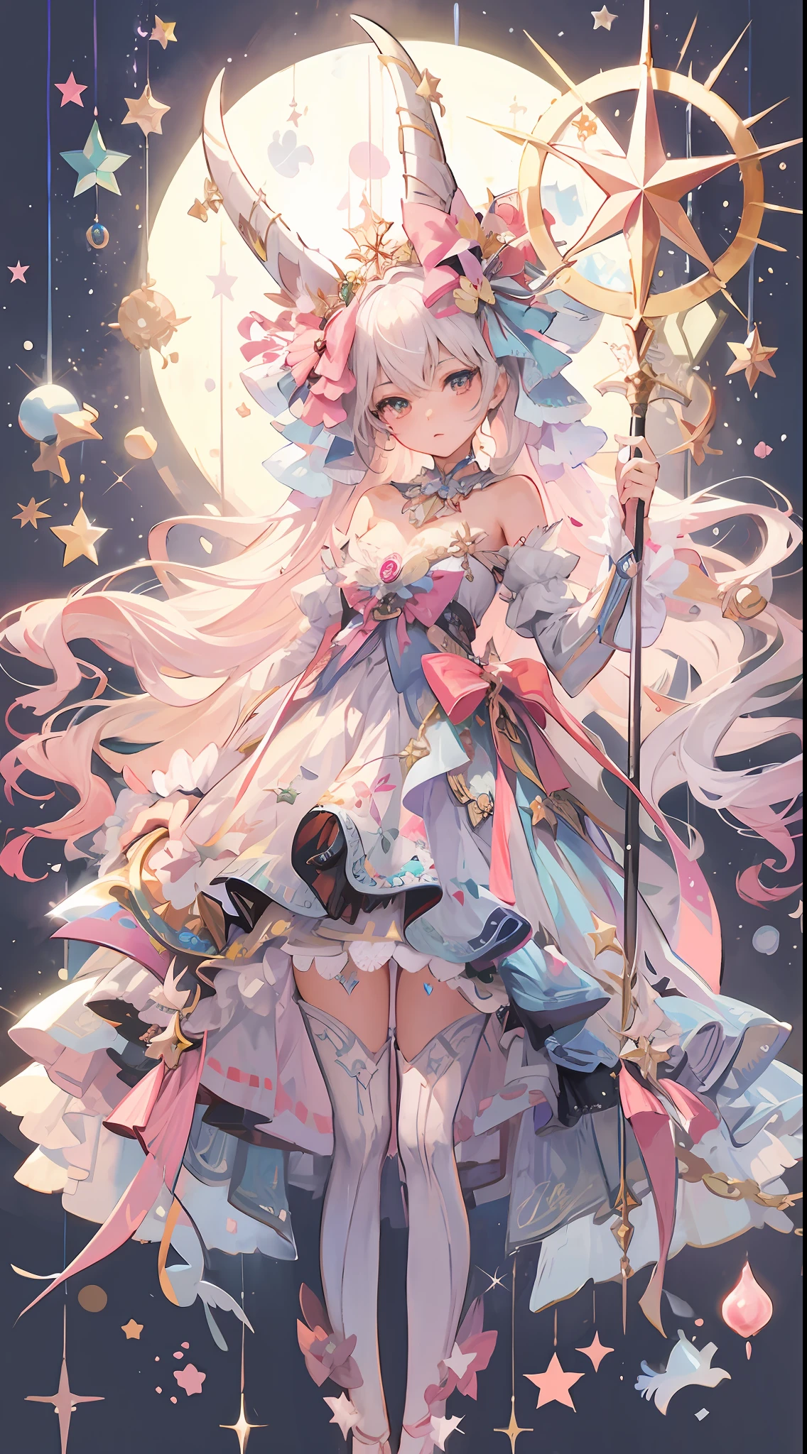 Anime girl with a wand and a star in her hand, portrait of the magical girl, sparkling magical girl, horns grow、splash art anime loli, Cute anime waifu in a nice dress, magical little girl, beautiful celestial mage, anime fantasy illustration, digital art on pixiv, loli in dress, style of magical girl, Trending on ArtStation pixiv, beautiful anime art
