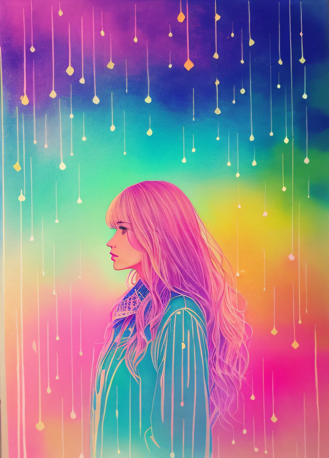 a woman luminous design, pastel colours, ink drips, autumn lights