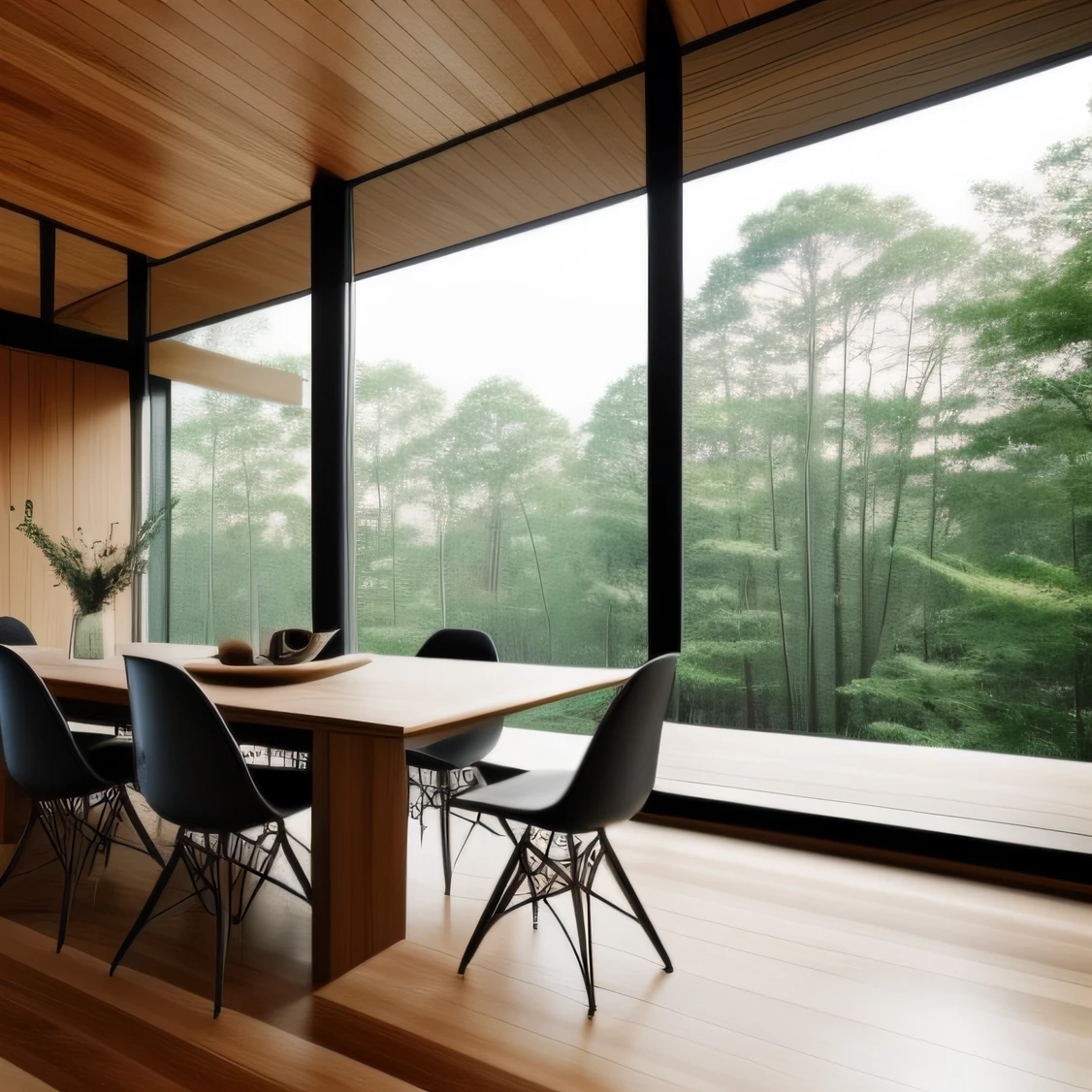 Minimalist interior architecture wood floor modern chairs high ceilings big window at the forest Noguchi table ultrarealistic picture