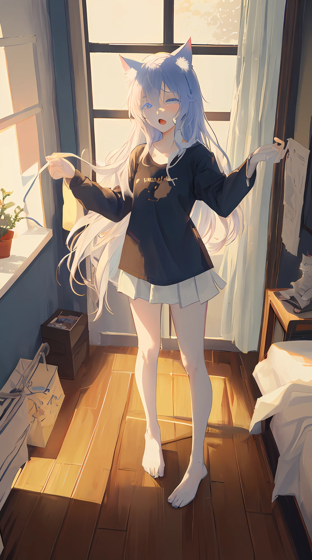 masterpiece,best quality,ultra detailed,two hands,two legs,five digits,best face,1 girl,blue long hair,cowardice,cat ears,pale blue eyes, height 145cm,small breasts,big shirt,yawn, stretch out body,close one eye,watery eye, on the bed,light comes in through the window