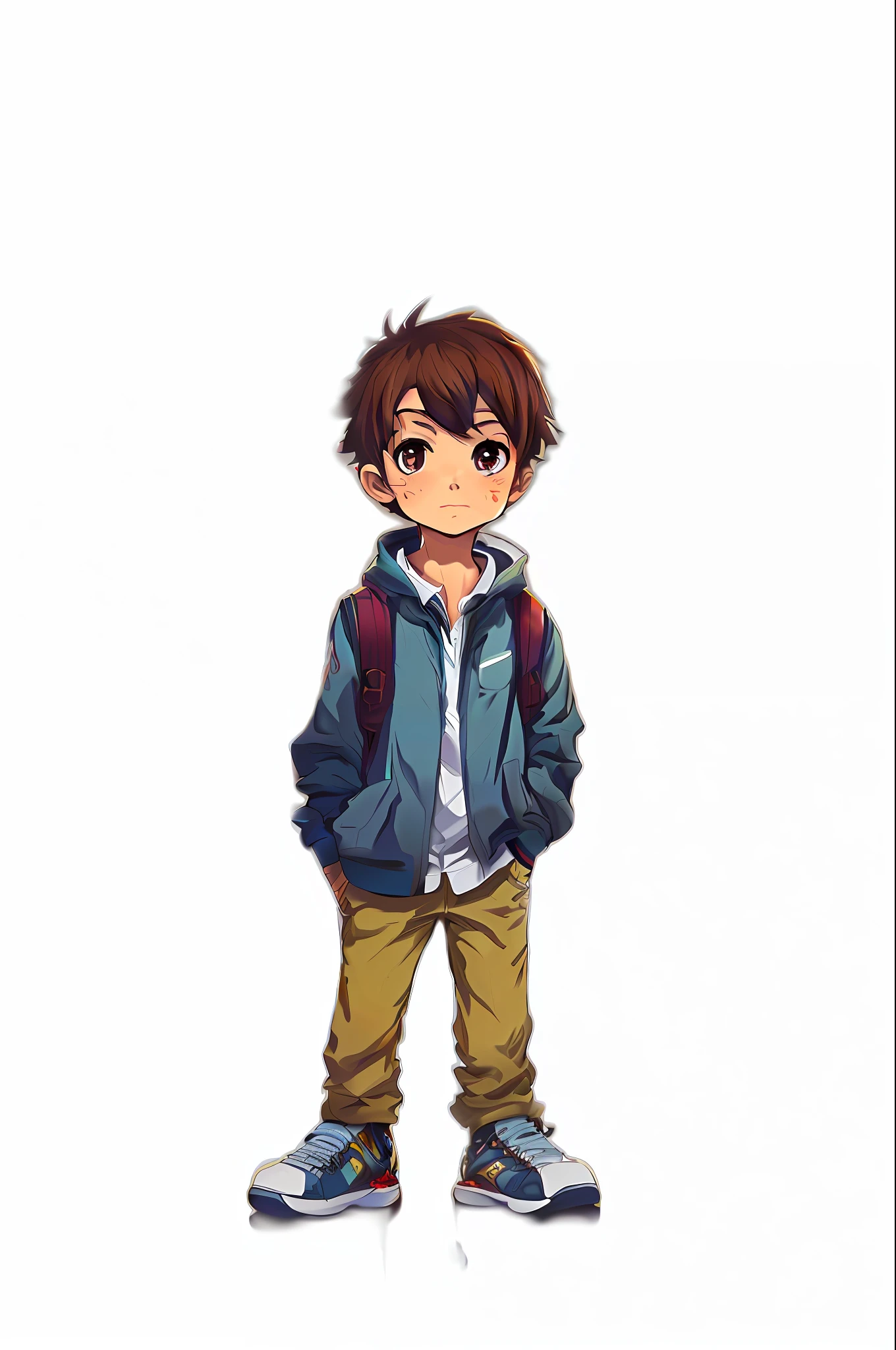 A cartoon boy with a backpack standing in front of a black background, anime, anime moe artstyle, sprite visual novel, jovem homem de anime, anime estilizado, single character full body, anime estilizado, Makoto, personagem estilo anime, arte anime de alta qualidade, Estilo Makoto Shinkai, Makoto Shinkai Estilo de Arte, Arte Oficial