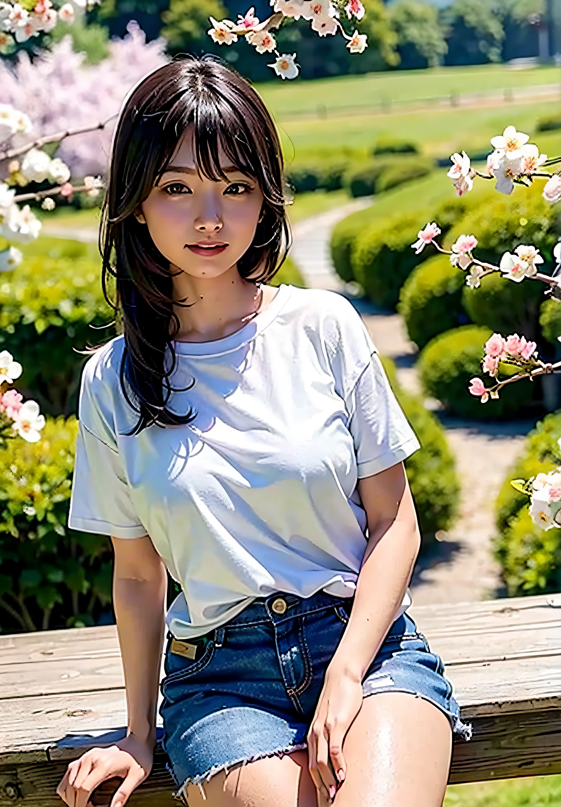 (16k、RAW Photography、Top image quality、masterpiece:1.2)、(real picture:1.6)、(masterpiece)、(Top image quality:1.0)、(Ultra Hi-Res:1.0)、detaileds、generation、soio、Detailed beautiful skin、Detail room, ,real looking skin, middlebreast, top-quality, 超A high resolution, cute little, length hair, a smile, , tshirts、camisole、hotpants、Oversized T-shirt、skirt by the、A path lined with flourishing cherry blossom trees
