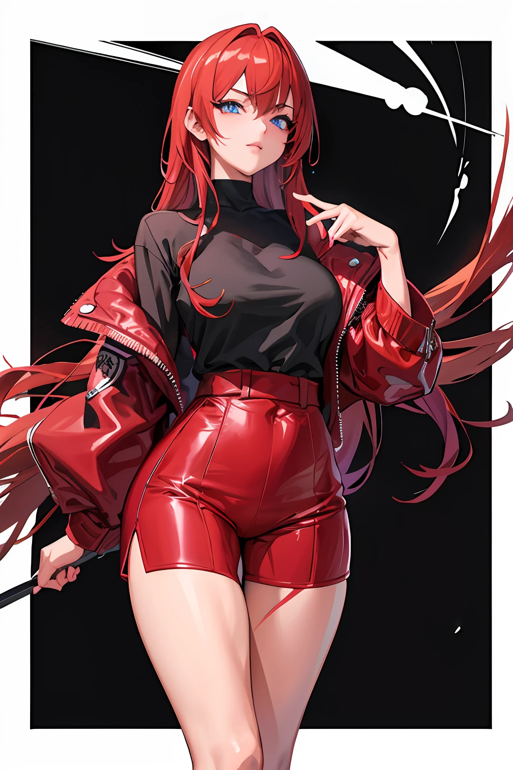 anime girl in red leather shorts and black shirt posing, badass anime 8 k, crimson clothes, trending on artstation pixiv, red clothes, anime style 4 k, cushart krenz, rias gremory, seductive anime girl, anime full body illustration, with red hair, glowing red, detailed anime character art, trending on cgstation, blue eyes, black pupils