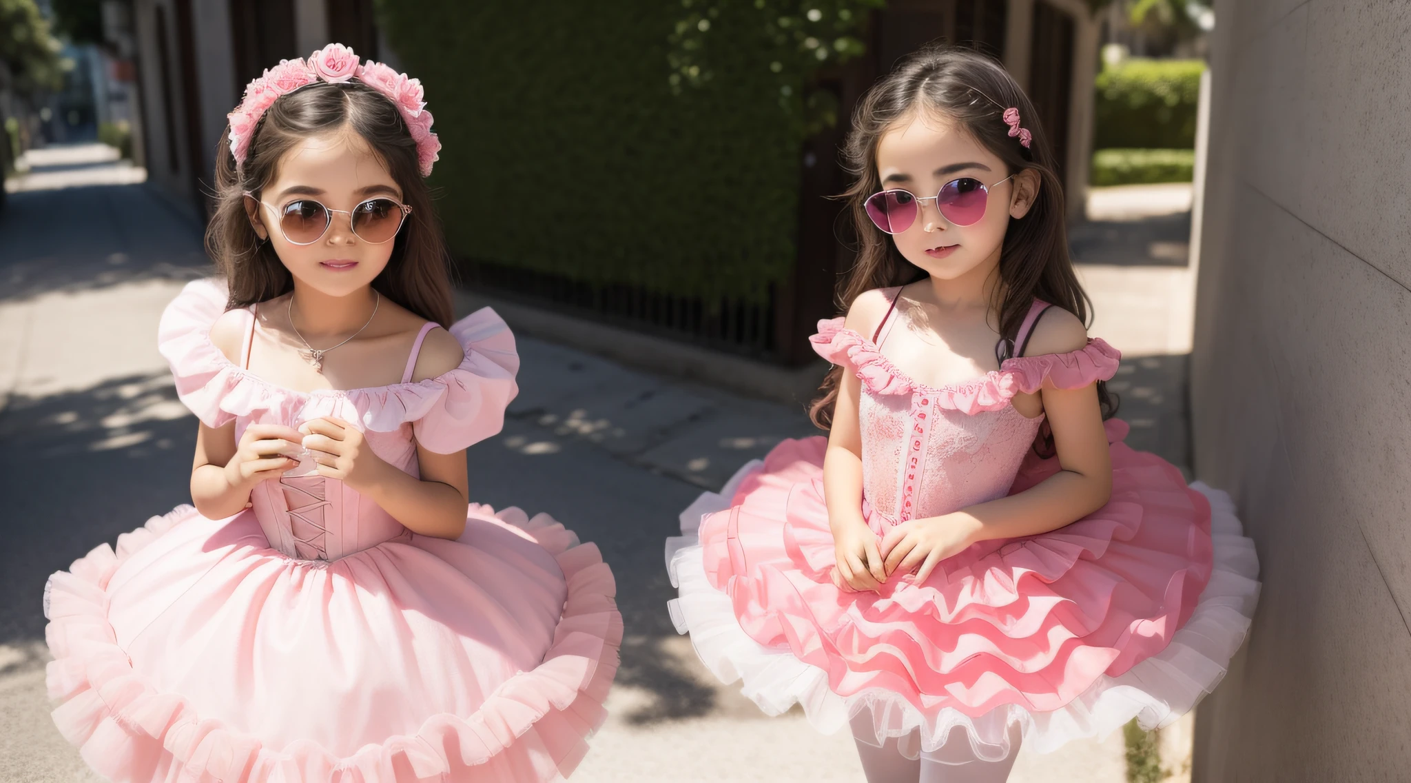 There is a girl wearing a pink dress and heart-shaped sunglasses, PORTRAIT, vestido de baile rosa brilhante, menina rosa bonita, menina doce, cute and adorable, Retrato da princesa da fada, princesa fada, de uma menina anjo bonita, romantic rose tutu, Looks doces, menina cor-de-rosa, wearing pink romantic tutu, wearing a pink romantic tutu, na floresta cor-de-rosa, princesa menina