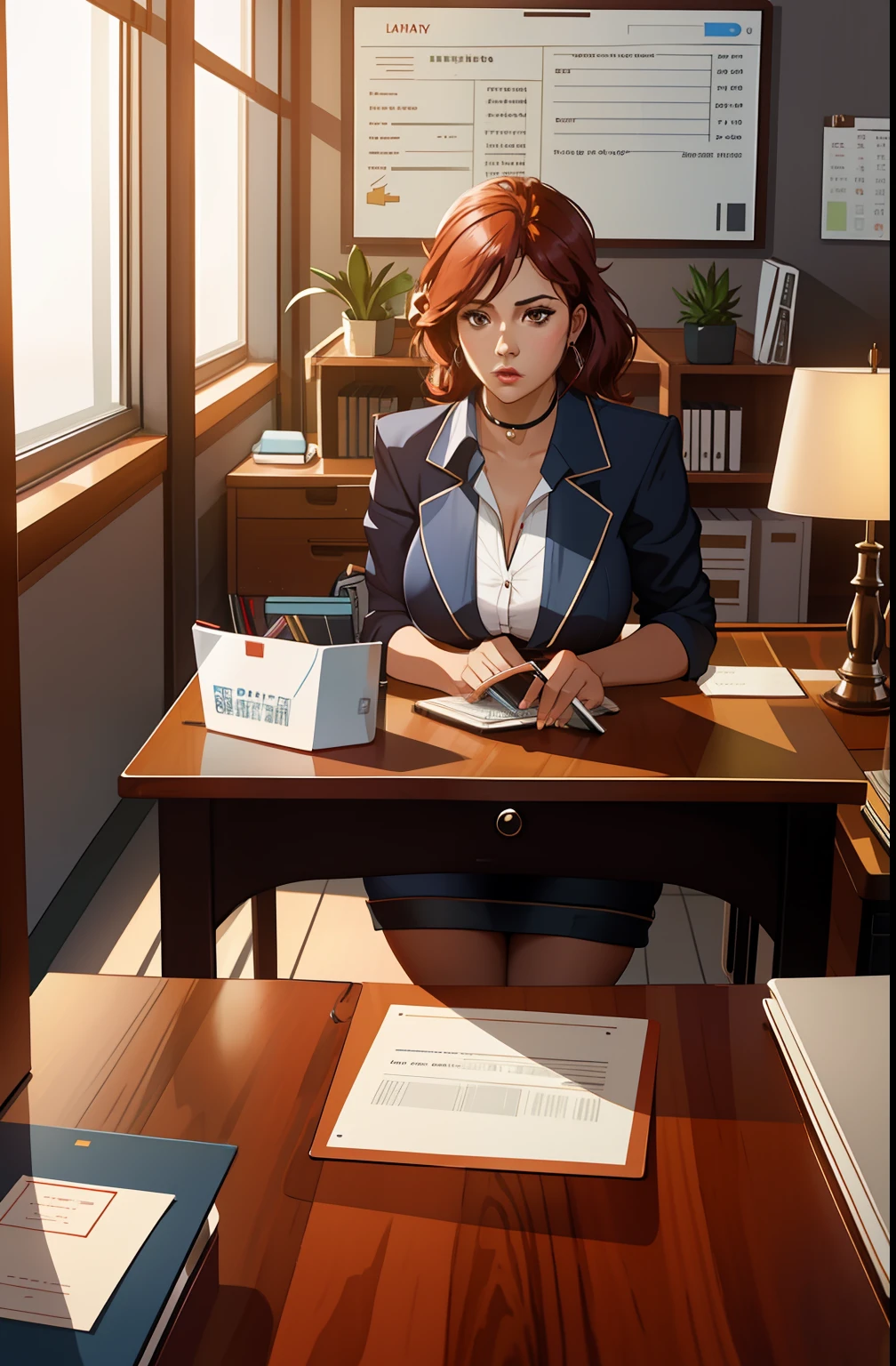 there is a woman sitting at a table with a man and a laptop, on a desk, on mahogany desk, in an office, in the office, sat at her desk, with a large breasts, sat in an office, mid body shot, huge office, milf, body shot, with large breasts, wonderful scene, sitting at desk, candid shot, photo shot