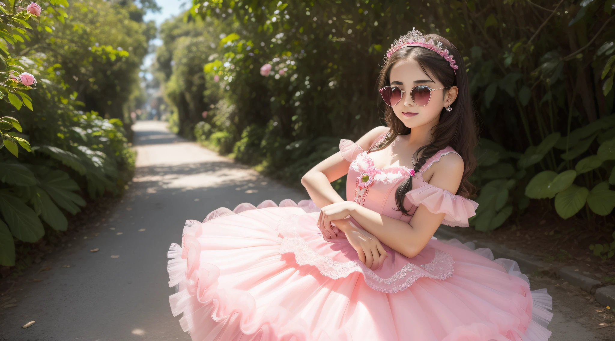 There is a girl wearing a pink dress and heart-shaped sunglasses, PORTRAIT, vestido de baile rosa brilhante, menina rosa bonita, menina doce, cute and adorable, Retrato da princesa da fada, princesa fada, de uma menina anjo bonita, romantic rose tutu, Looks doces, menina cor-de-rosa, wearing pink romantic tutu, wearing a pink romantic tutu, na floresta cor-de-rosa, princesa menina