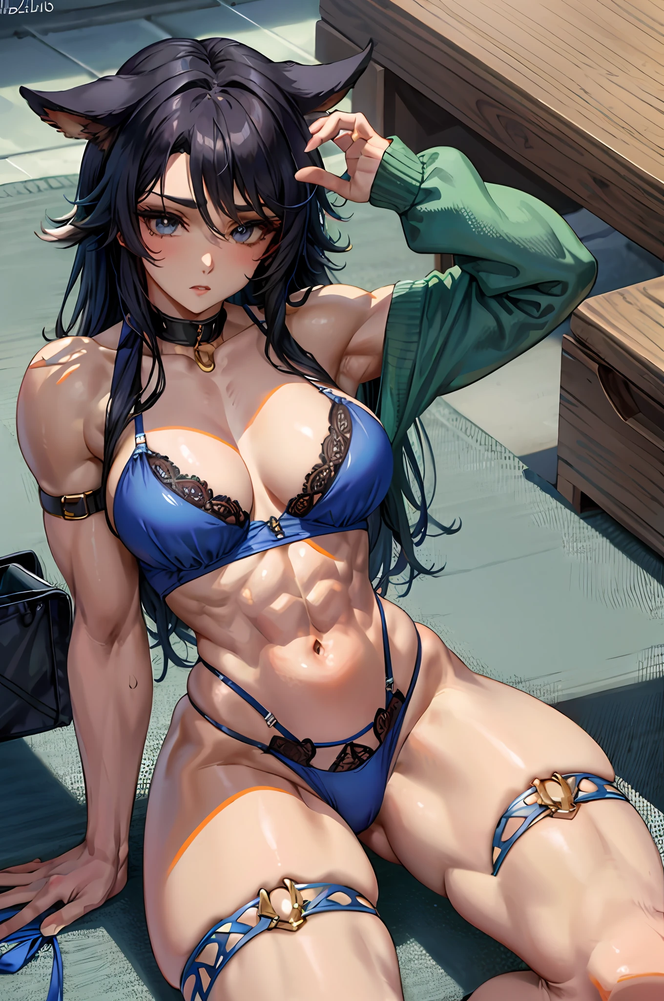 1girl, cabelo curto, musculoso, Tonificado, coxas grossa, ombro largo, arm muscles, leg muscles, gargantilha, lingerie, saiote, meia de coxa,