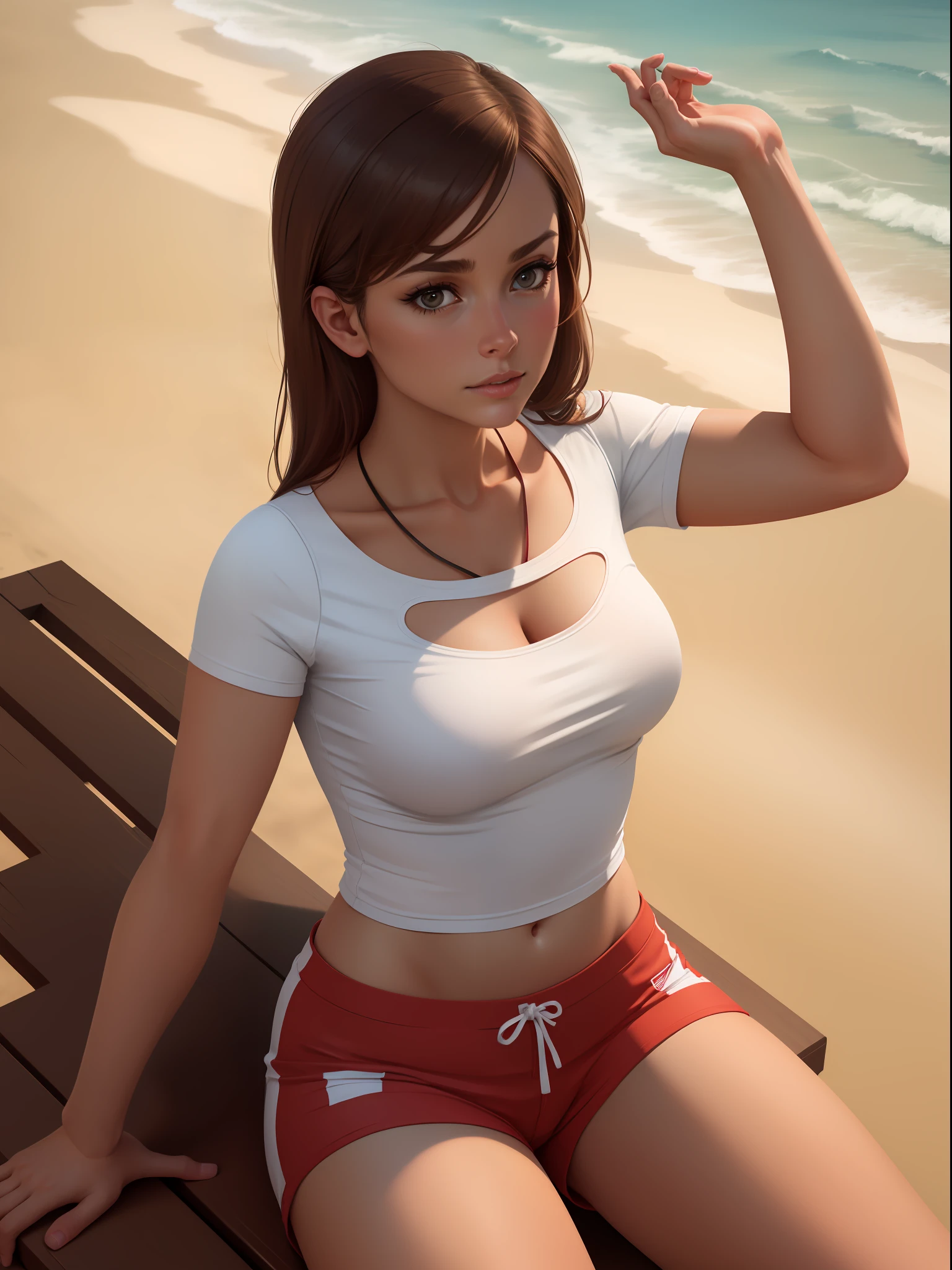 (european girl as a lifeguard, sitting in the sun, lifeguard tower, plain white shirt, red shorts), 8k, depth of field, volumetric haze, global illumination, dynamic lighting, best illumination, volumetric lighting, ultra highres, 8k, realistic, photorealism, photorealistic, hyperrealism, photon mapping, physically-based rendering,